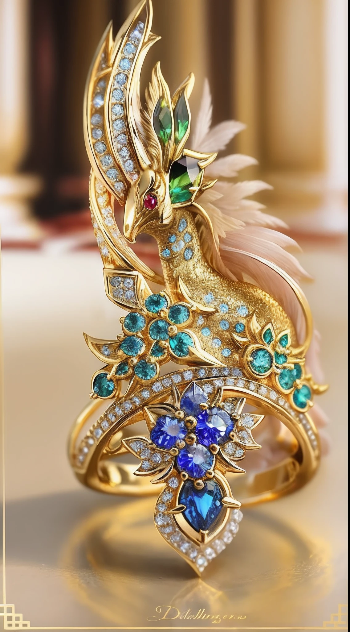 delicated,Phoenix ring,Made in gold,Phoenix eyes set with blue gemstones,Detailed texture,High quality diamonds,A ring box with a refined Chinese style and texture,Phoenix pattern,Shine,The sheen,realisticlying,Exhibited,Close-up Shot Shot,Frontal photo