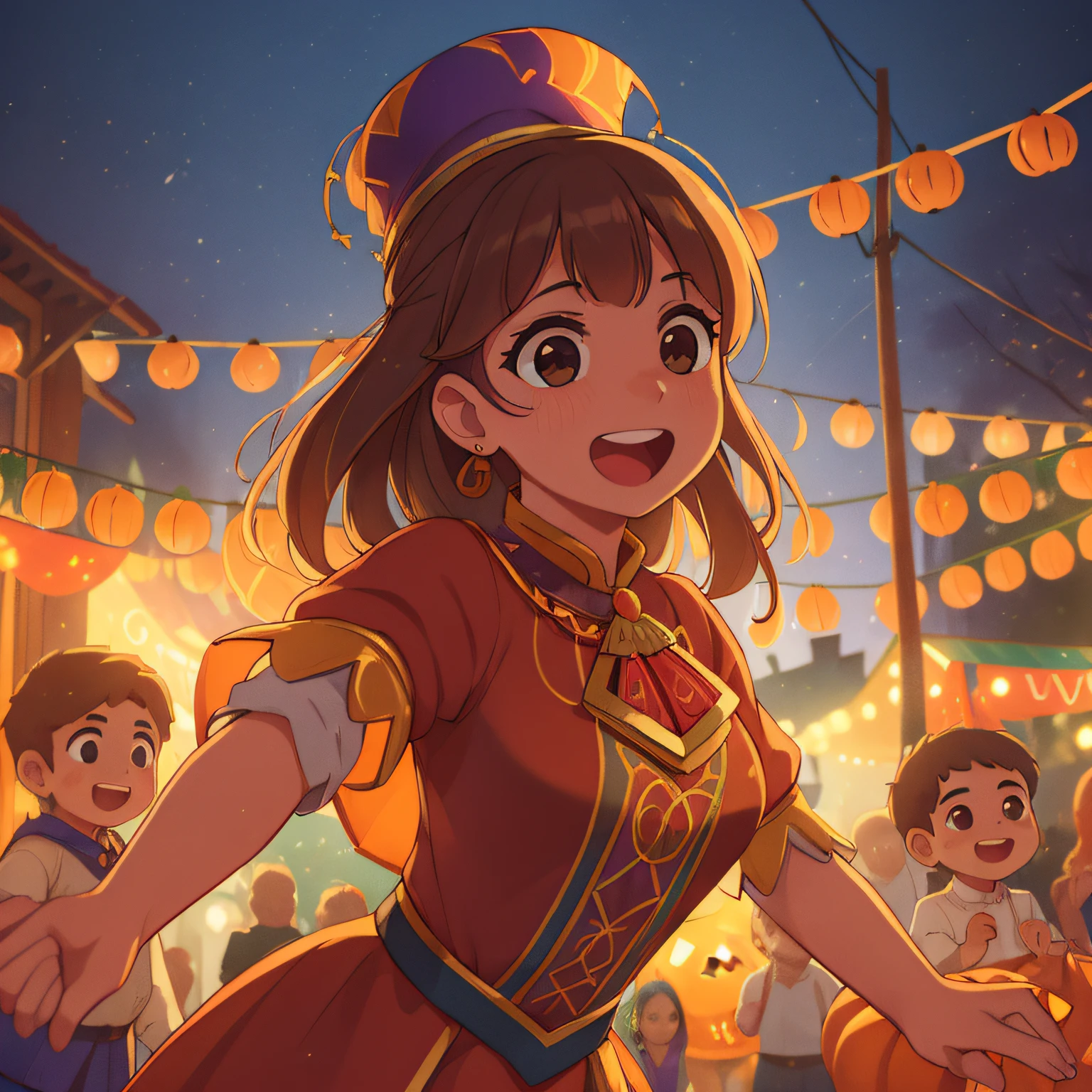 (best quality, alta qualidade:1.3), CG, dramatic lighting, altamente detalhado, Bokeh, PEOPLE DANCING IN THE VILLAGE, FESTA DE HALLOWEEN, LUA CHEIA, looks animados, rosto perfeito,  Parecendo satisfeito e feliz