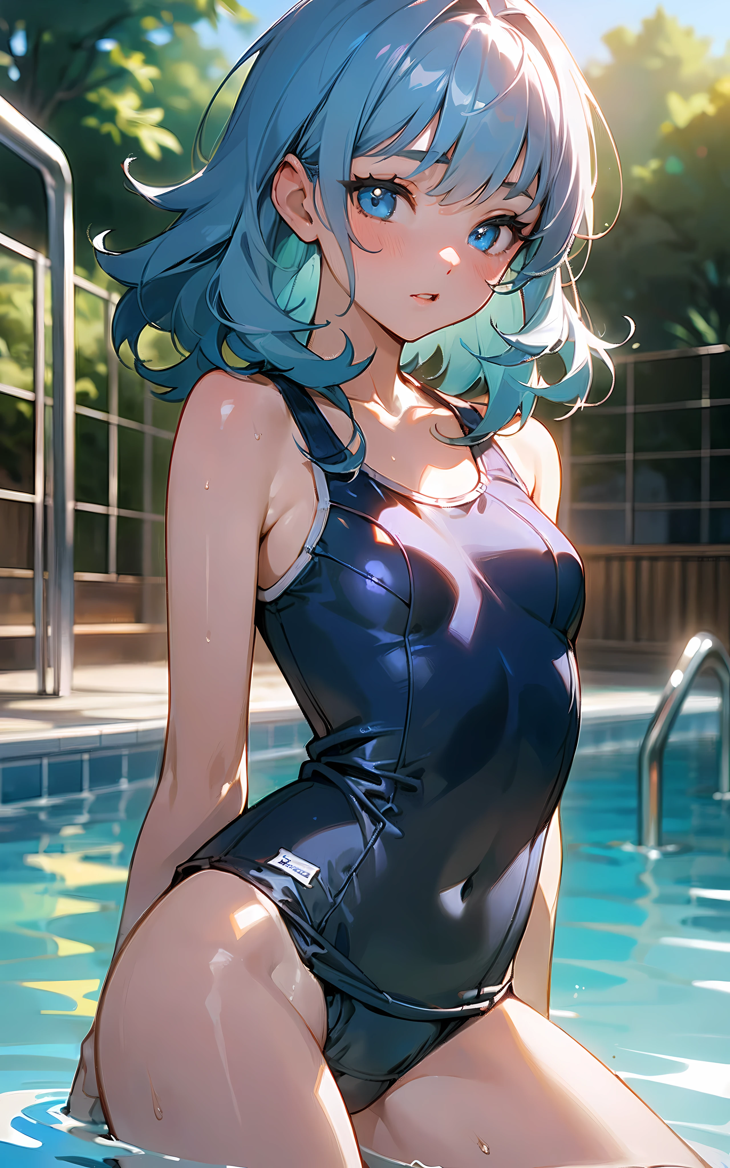 (Unity 16K Wallpaper, Masterpiece, Best Quality, Ultra-Detailed, Extremely Detailed CG, Caustics, Cinematic Lighting, Detailed, Beautiful Detailed Eyes, solo,outdoor pool side),Ultra High Resolution, fine skin、sexy,curby,nsfw,(school swimsuit:1.3), small breasts,、blue eyes、blue hair,permed hair