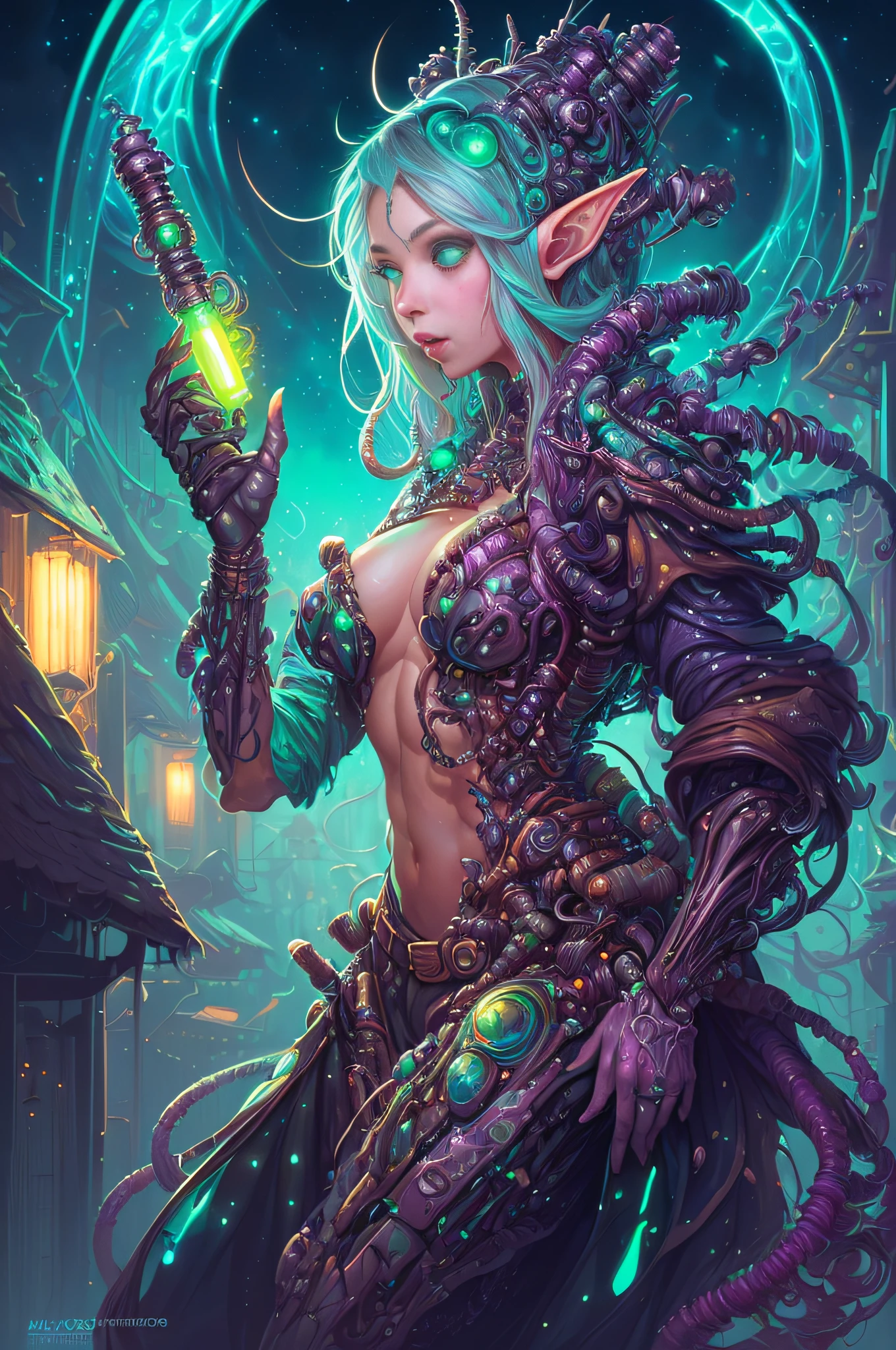 Amazing anatomy, (beautiful female Elf Biopunk), cowboy shot, biopunk city background, (slimy, organic, glistening, bioluminescence), (64k ultra hd:1.1), (art by apterus, art by dan mumford, art by lovecraft:1.2), best quality, cgsociety, trending on ArtStation.