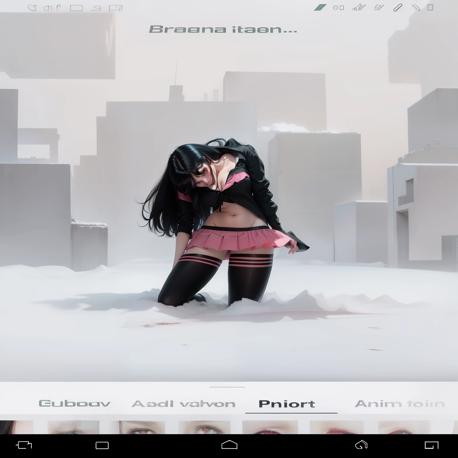 Straight black hair, green eyes, lips, red, black blouse, pink skirt