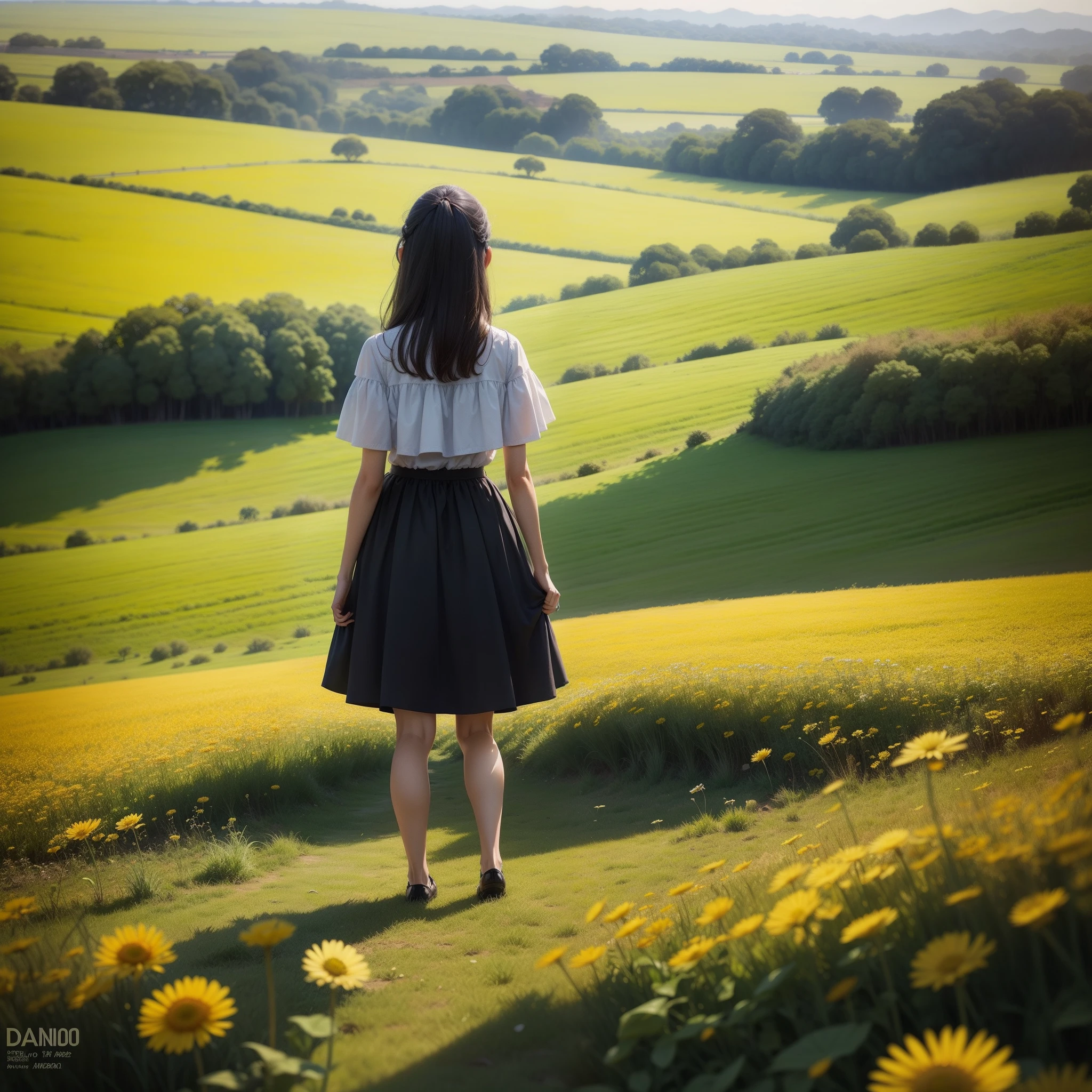 Uma garotinha de 10 anos andando em um campo de dandelions olhando para o horizonte.