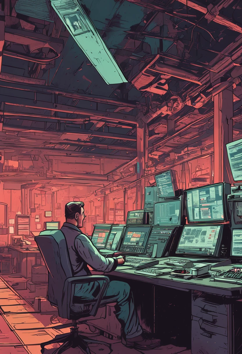 Show an inspector in early 1900s factory contrasted with a present-day QA analyst at a computer workstation analyzing data, Make the image visually engaging with bright colors in a flat cinematic style