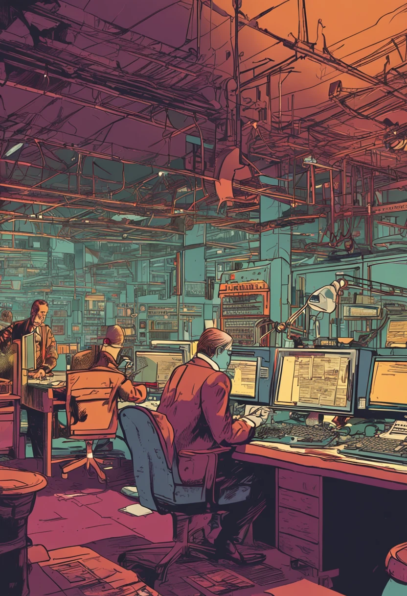Show an inspector in early 1900s factory contrasted with a present-day QA analyst at a computer workstation analyzing data, Make the image visually engaging with bright colors in a flat cinematic style