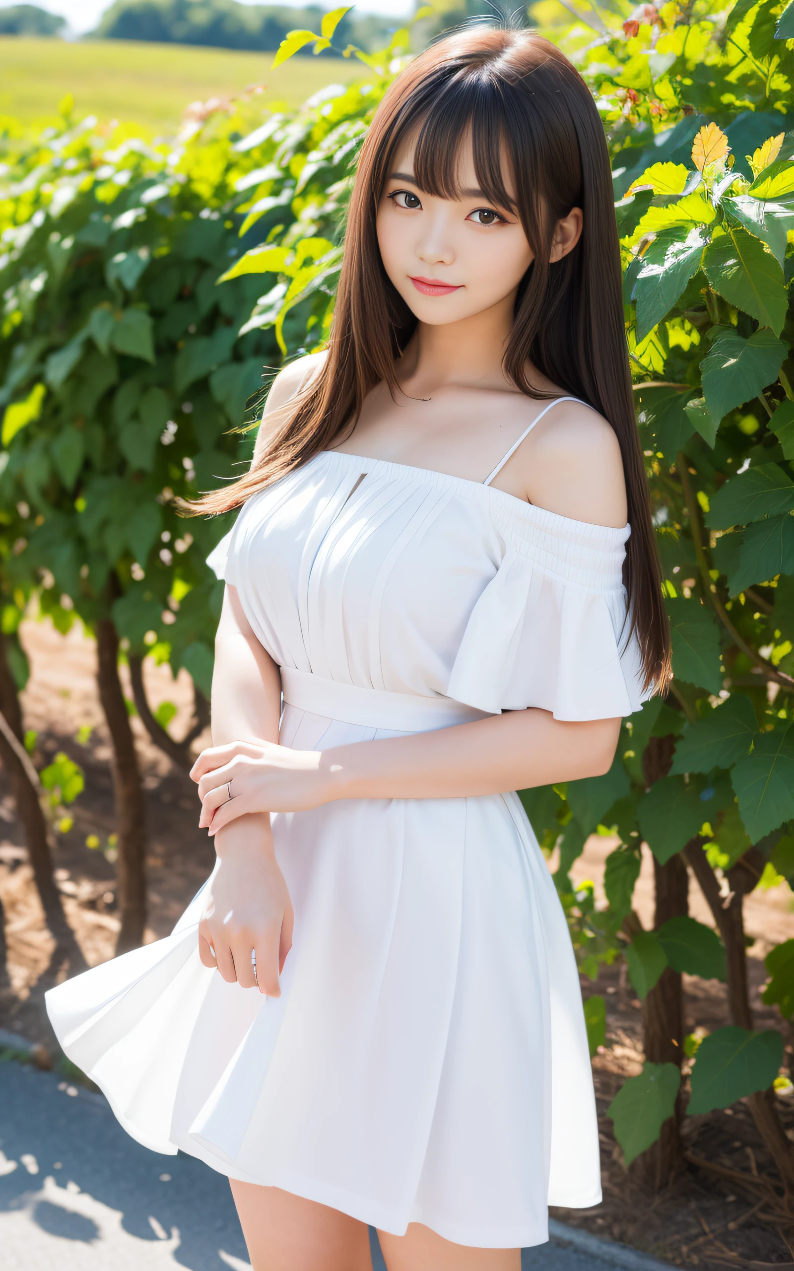 ((Best Quality, 8K, masutepiece: 1.3)), (Sharp Focus: 1.2), Charming vineyards with rows of vines that stretch far into the distance, 1 girl, Full body, stunning elegant pose,Neat and clean beauty, 20 years old, Japanese, Looking away, Classy and elegant, A pretty girl with perfect figure, shyly smiling, Cute, Shy, ((shoulder length straight hair swaying in the wind, bangs)), Big breasts, (Blouse: 1.1), Skirt, Highly detailed face and skin texture, Detailed eyes, Background bokeh,