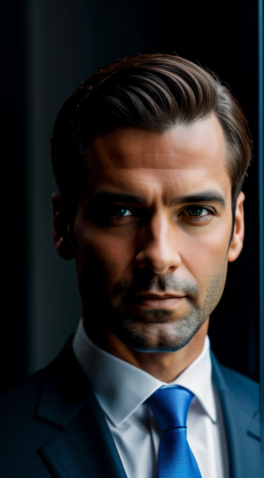 a Man standing with 30 years in suit and tie, body and head straight in the photo, facing the viewer of the photo, eyes fixed to the lens, appears shoulders and head in the photo, man centered in the photo, 8k, best quality, masterpiece, realistic, realistic photo, movie photo, ultra realistic, 1 person, detailed, perfect lighting,  DSRL, professional photo, 4k