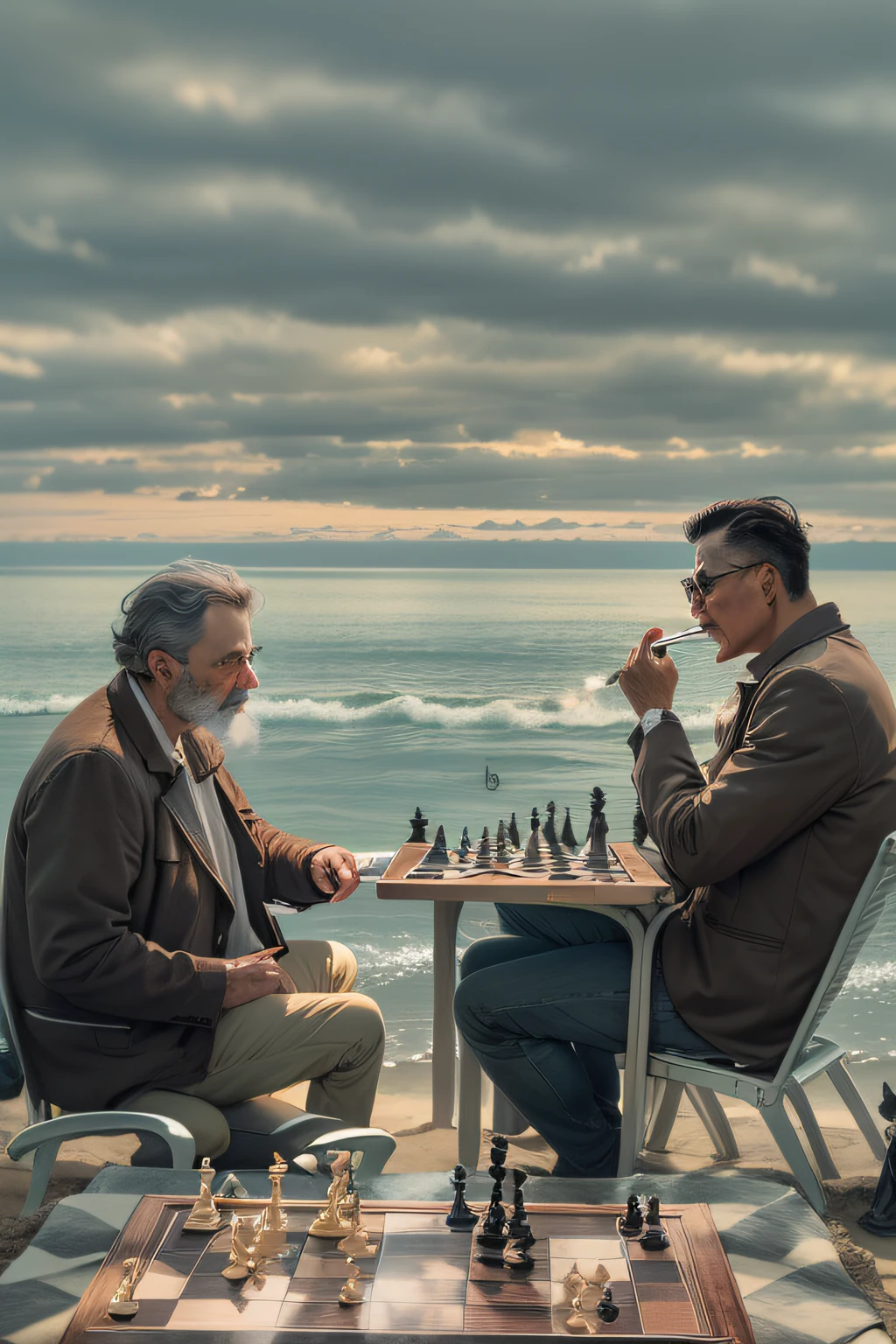 Two uncles,beachside,Play chess,Smoking a cigarette