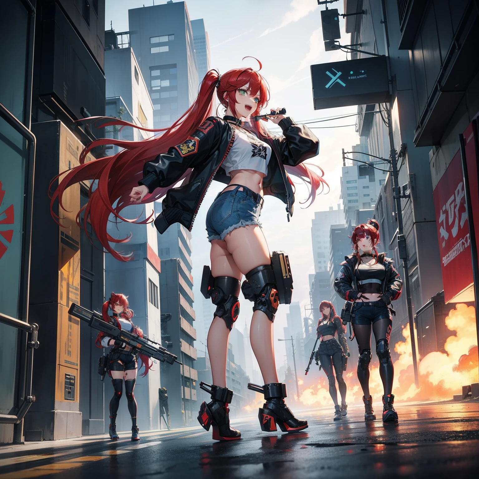 full body shot, female asian Irina Shidou red hair twintails green eyes, in a Cyberpunk City, wearing a bomber jacket and crop top and denim shorts and diamond earrings and golden choker, open mouth, smile, laugh, holding a laser rifle, aiming laser rifle, shooting laser rifle, shooting at robot, shooting at robot soldier, killing robot soldier, dead robot soldier, frontal shot, side profile shot, rear shot, back shot, behind shot, full body shot, masterpiece, highly detailed