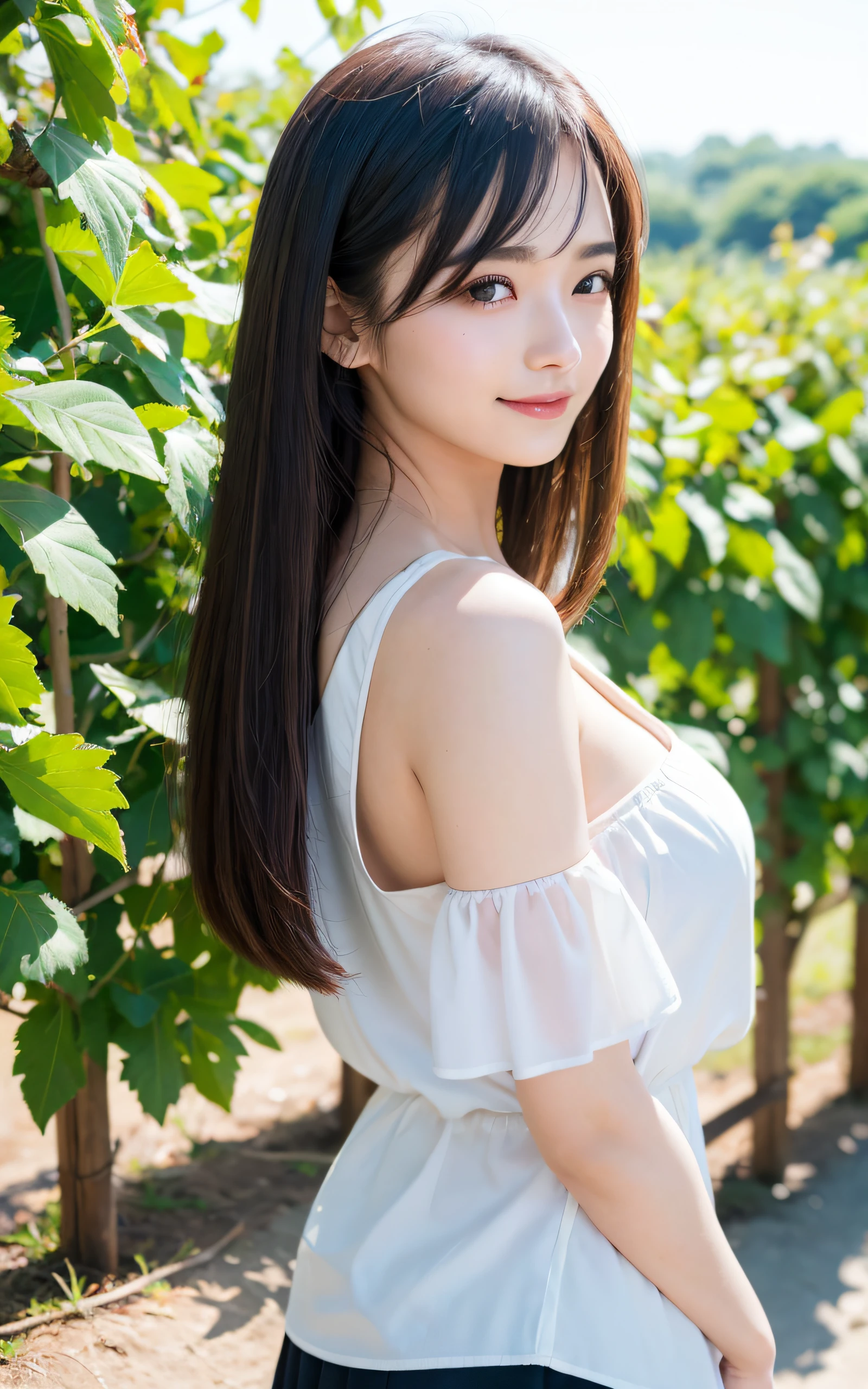 ((Best Quality, 8K, masutepiece: 1.3)), (Sharp Focus: 1.2), Charming vineyards with rows of vines that stretch far into the distance, 1 girl, Full body, stunning elegant pose,Neat and clean beauty, 20 years old, Japanese, Looking away, Classy and elegant, A pretty girl with perfect figure, shyly smile, Cute, Shy, ((Shoulder-length straight hair swaying in the wind)), Big breasts, (Blouse: 1.1), Skirt, Highly detailed face and skin texture, Detailed eyes, Background bokeh,