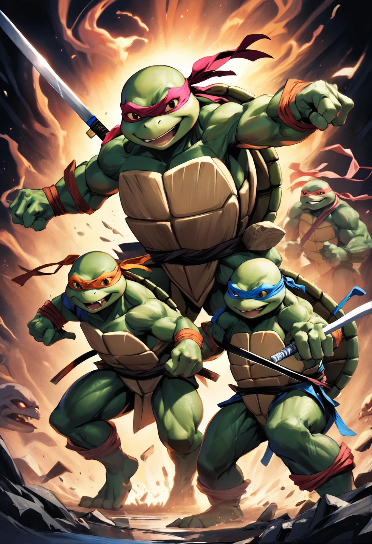 MUTANT NINJA TURTLE CHAOS FIGHTING BLACK BACKGROUND