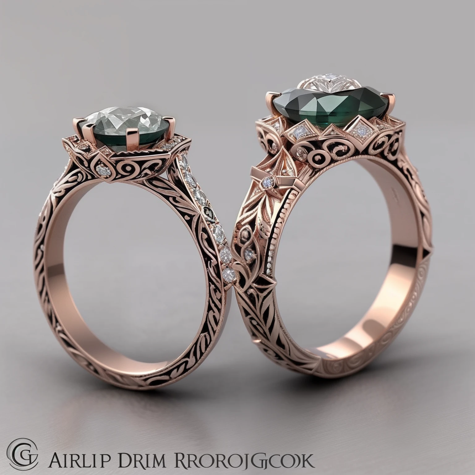 Masterpiece,highest quality,(Nothing but the ring),(Couple rings,Couple rings,Two similar rings,Wedding ring art design:1.45),Berlin black iron jewelry in Victorian Gothic style,Exquisitely carved diamonds, Gold thread and jade ring,Hollow plant shape metal carving,Intricate,ironwork,Handmade,Romantic engagement rings,Set with a pear-shaped diamond center stone,Set with rose gold band. The ring is edged with diamonds,Add a feminine touch to your designs,The image has a softness, Fantastical Atmosphere,Perfect for showing elegance in Facebook engagement ring ads,Background of glaciers