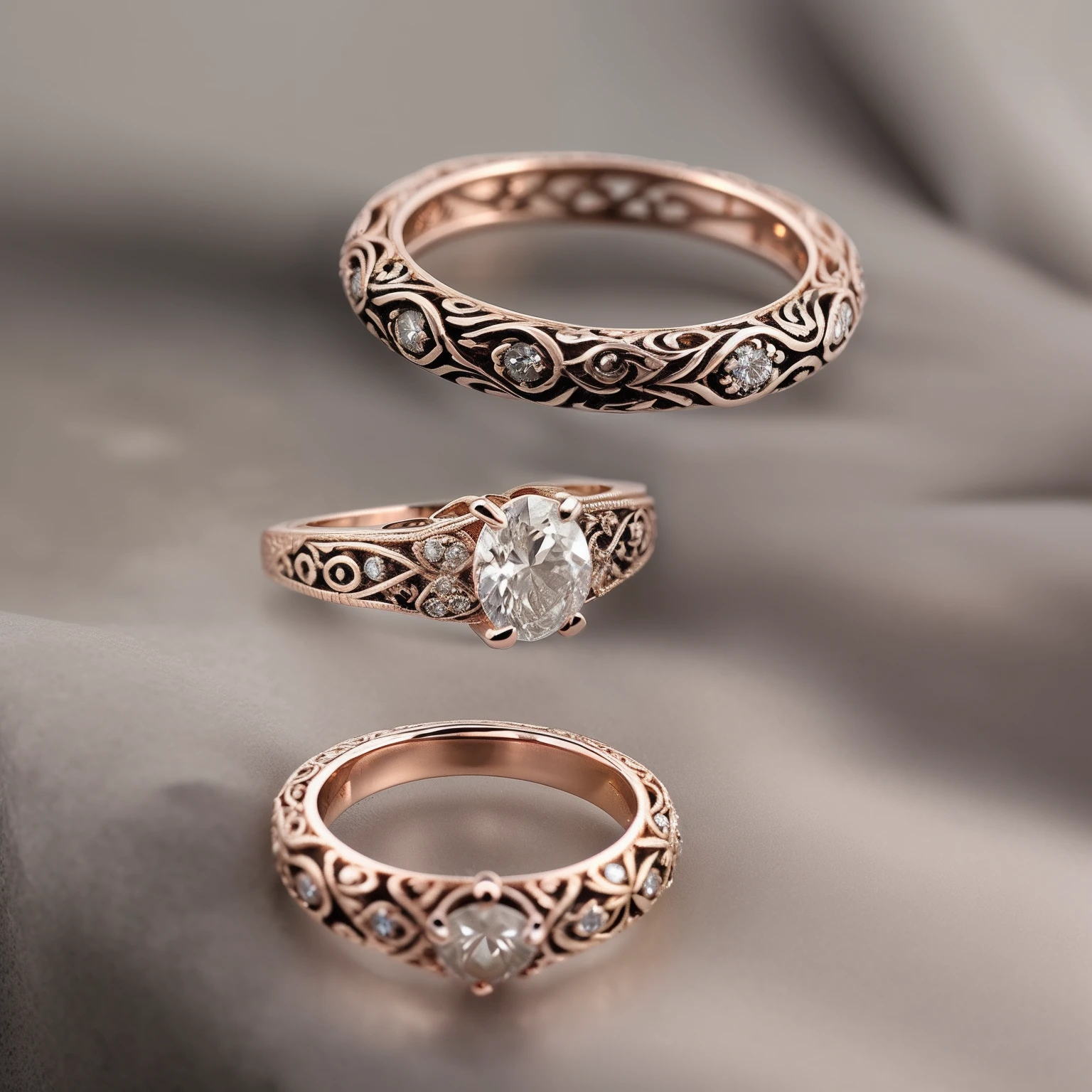Masterpiece,highest quality,(Nothing but the ring),(Couple rings,Couple rings,Two similar rings,Wedding ring art design:1.45),Berlin black iron jewelry in Victorian Gothic style,Exquisitely carved diamonds, Gold thread and jade ring,Hollow plant shape metal carving,Intricate,ironwork,Handmade,Romantic engagement rings,Set with a pear-shaped diamond center stone,Set with rose gold band. The ring is edged with diamonds,Add a feminine touch to your designs,The image has a softness, Fantastical Atmosphere,Perfect for showing elegance in Facebook engagement ring ads,Background of glaciers