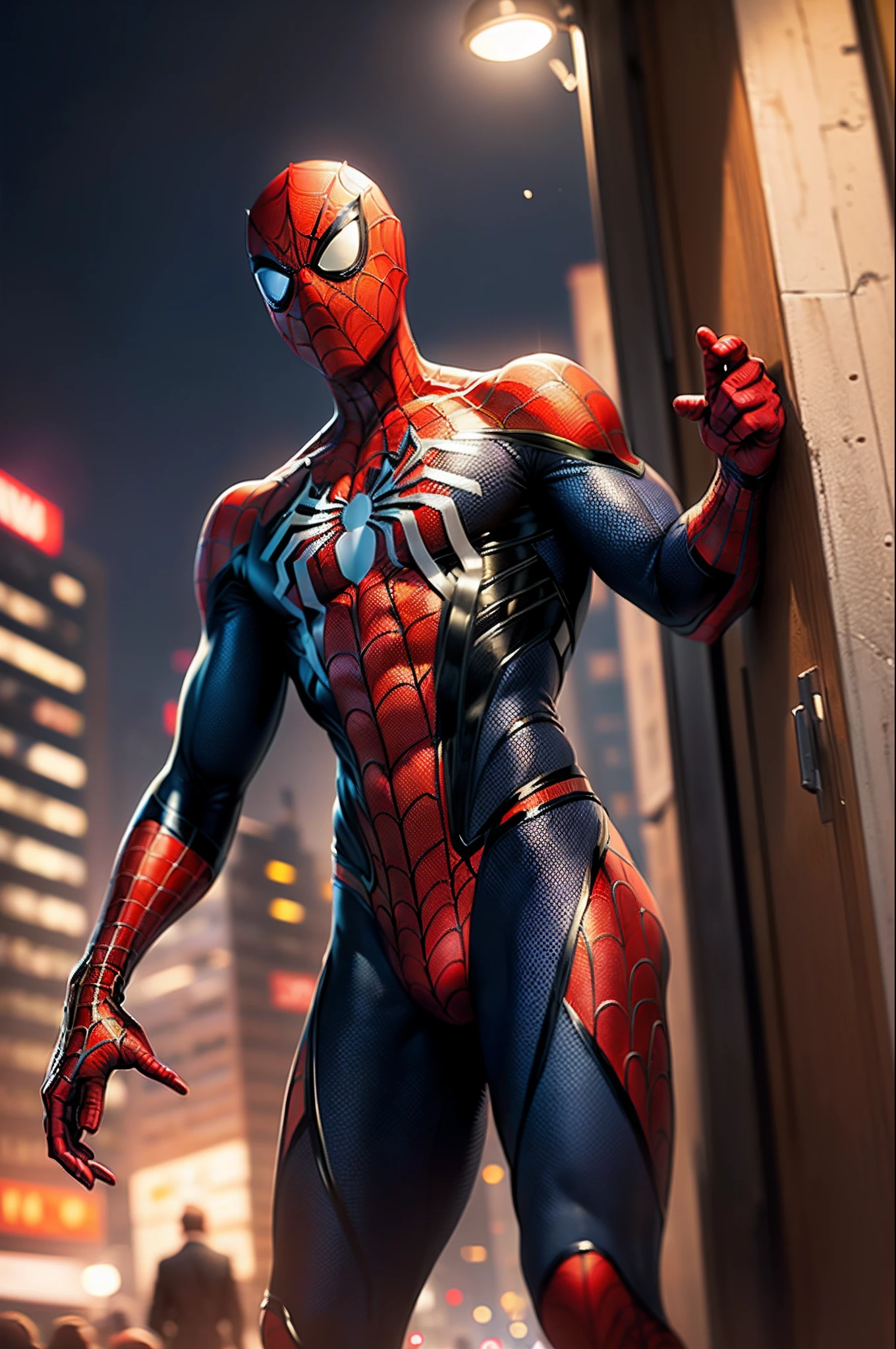 Behind it is the city night,Real guy in Spider-Man costume
