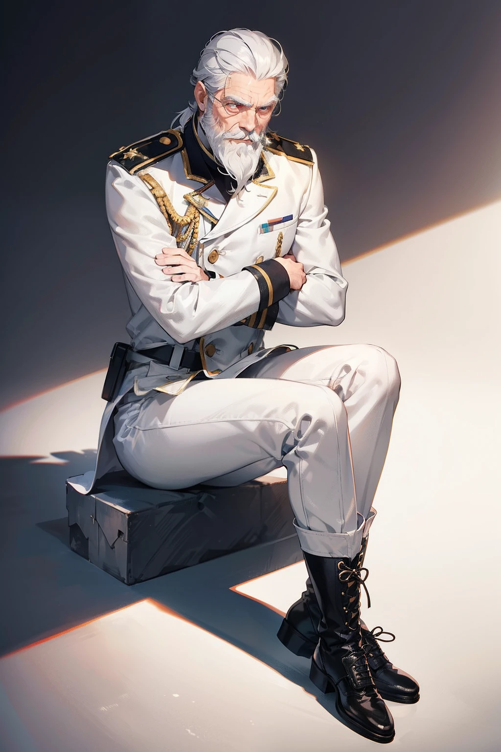1boy, old, white military uniform, grey hair, beard, serious, arms crossed, white trousers, black boots, red eyes