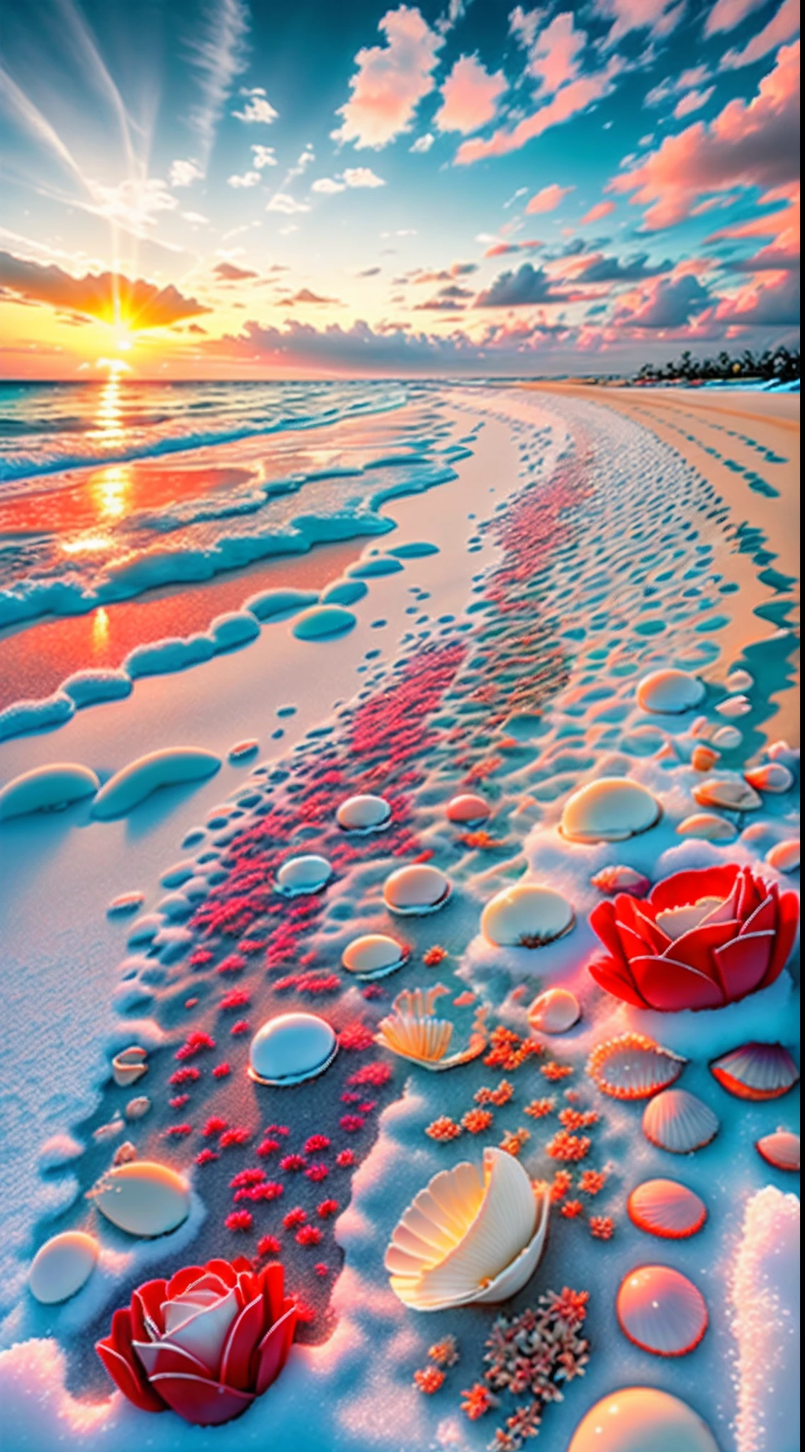 delicate scene,depth of field, 8K, The ivory sky,white clouds,and sunlight shine on the snow-white beach. The coral sea,and many colorful tinny shells on the beach,red roses, roses focus,