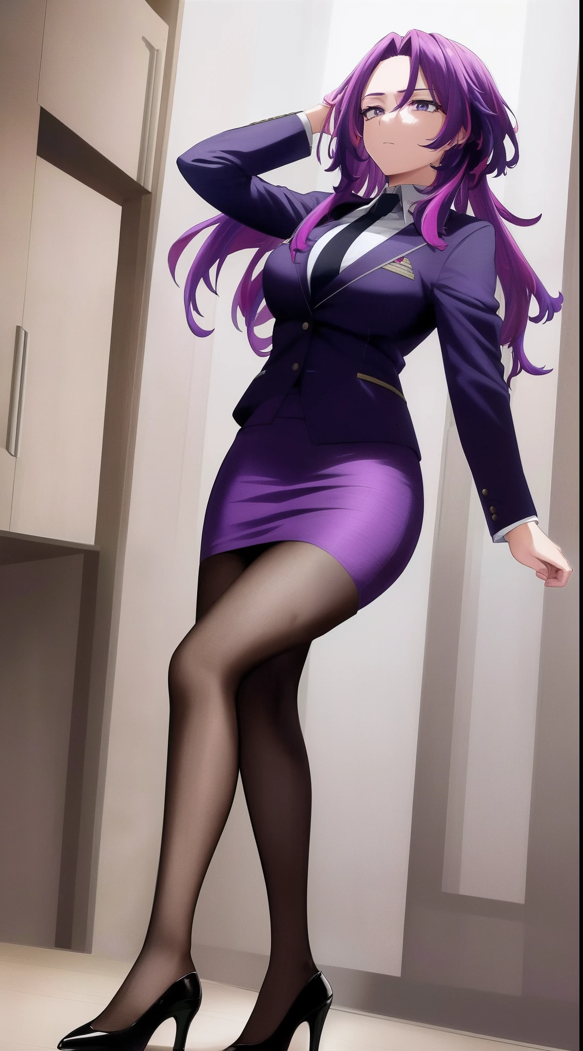 scan, (extremely detailed CG unity 8k wallpaper:1.1), highres, (1girl), lady nagant, boku no hero academia, (purple hair), (multicolored hair), (purple eyes), business suit, blazer, pencil skirt, high heels, full body, breasts, standing straight, emotionless