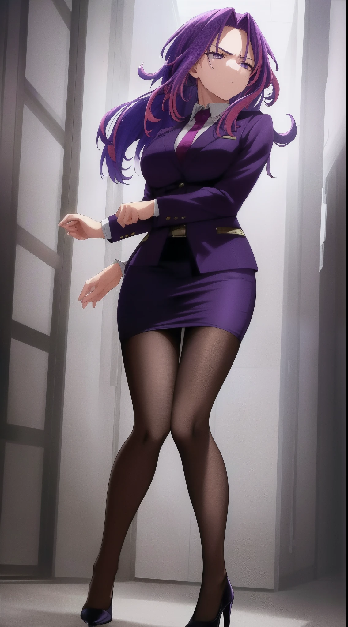 scan, (extremely detailed CG unity 8k wallpaper:1.1), highres, (1girl), lady nagant, boku no hero academia, (purple hair), (multicolored hair), (purple eyes), jacket, juliet sleeves, ascot, pencil skirt, thighhighs, high heels, full body, breasts