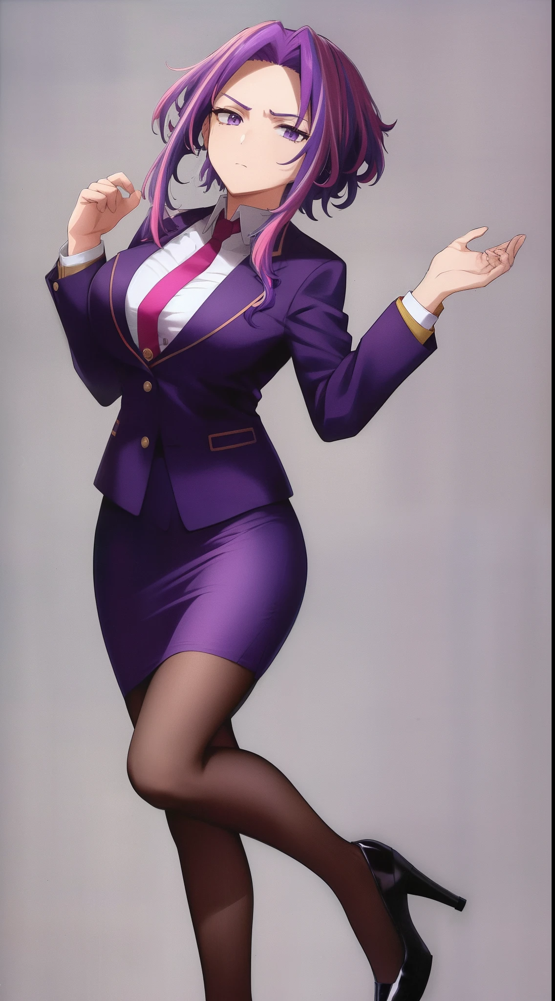 scan, (extremely detailed CG unity 8k wallpaper:1.1), highres, (1girl), lady nagant, boku no hero academia, (purple hair), (multicolored hair), (purple eyes), business suit, blazer, pencil skirt, high heels, full body, breasts, standing straight, emotionless