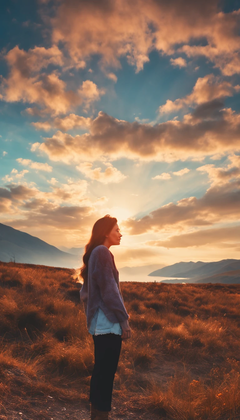 A WOMAN LOOKING AT THE BLUE SKY WITH RAYS OF SUN BETWEEN THE CLOUDS