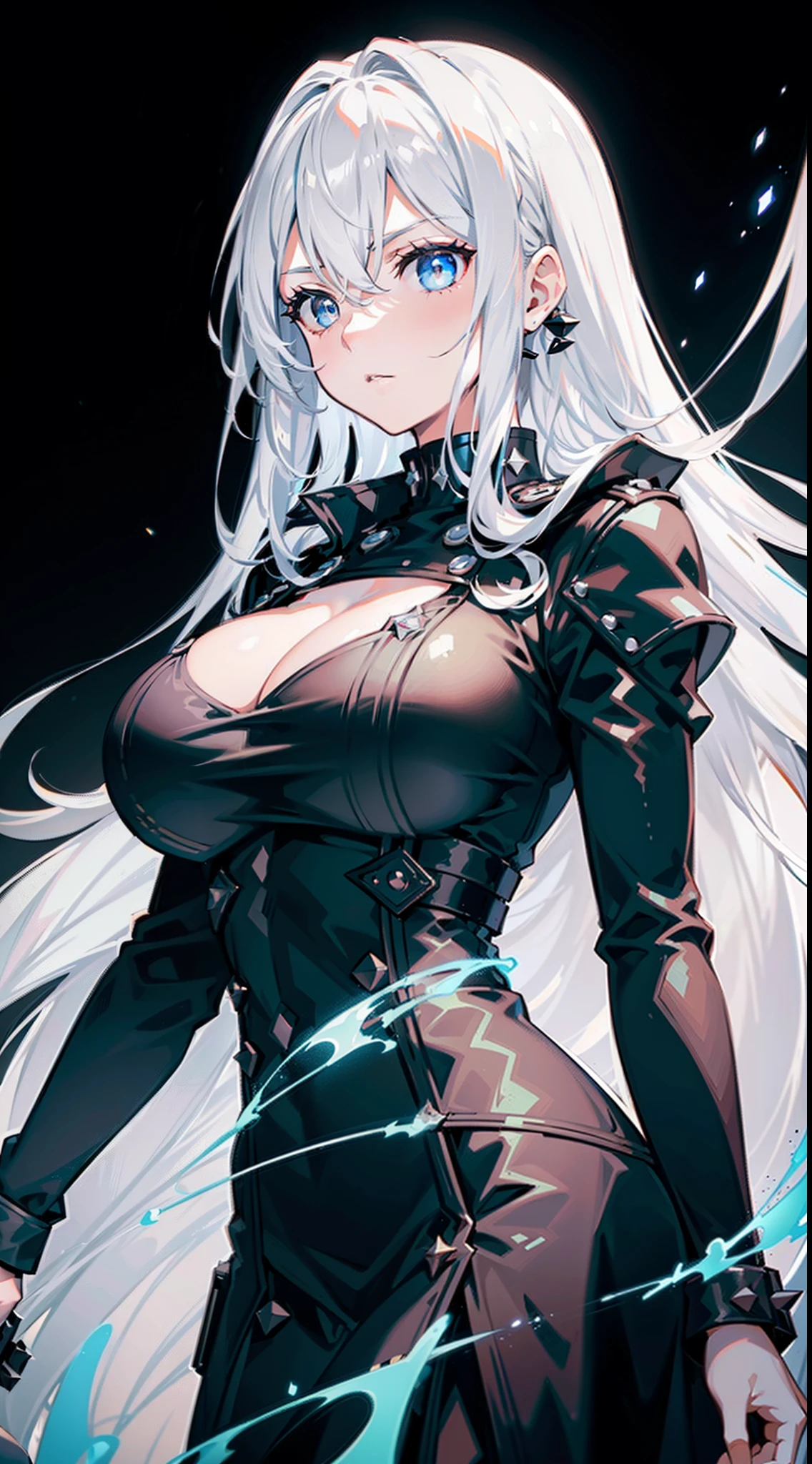(Light line), masterpiece, best quality, 1 girl, solo focus, (upper body), big breasts, huge breasts, hair between the eyes, (white hair), long hair, Minar, (blue eyes) , (glowing eyes), (black military uniform), (black spiked cap), (black coat), long coat, (simple black background), (blue aura), (blue flaming aura)