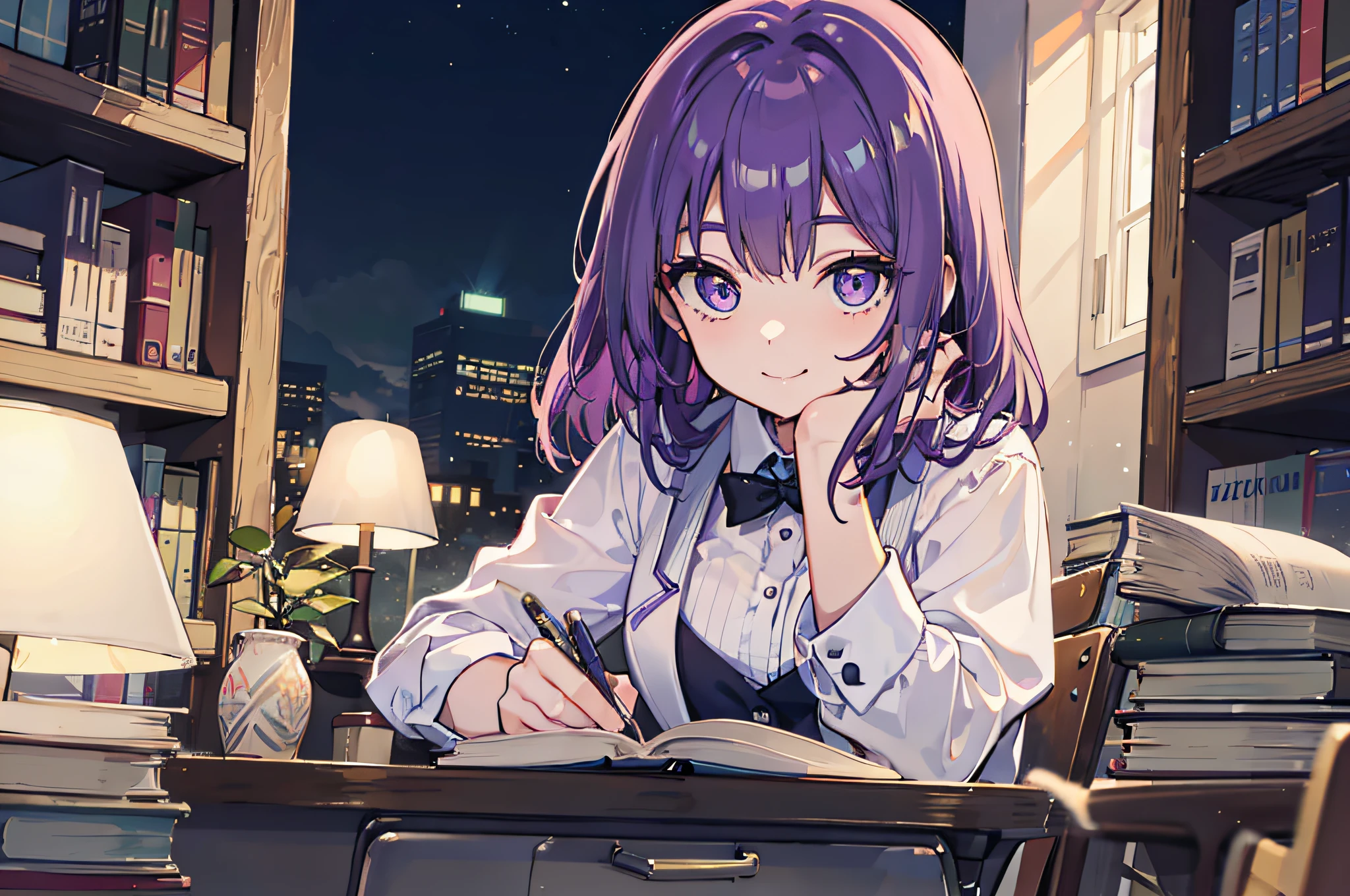Beautiful woman Studying Smiling face on desk atlibrary deep in the night murky nighttime scene Test Preparation Pupils Purple hair Beautiful eyes that seem to be sucked in