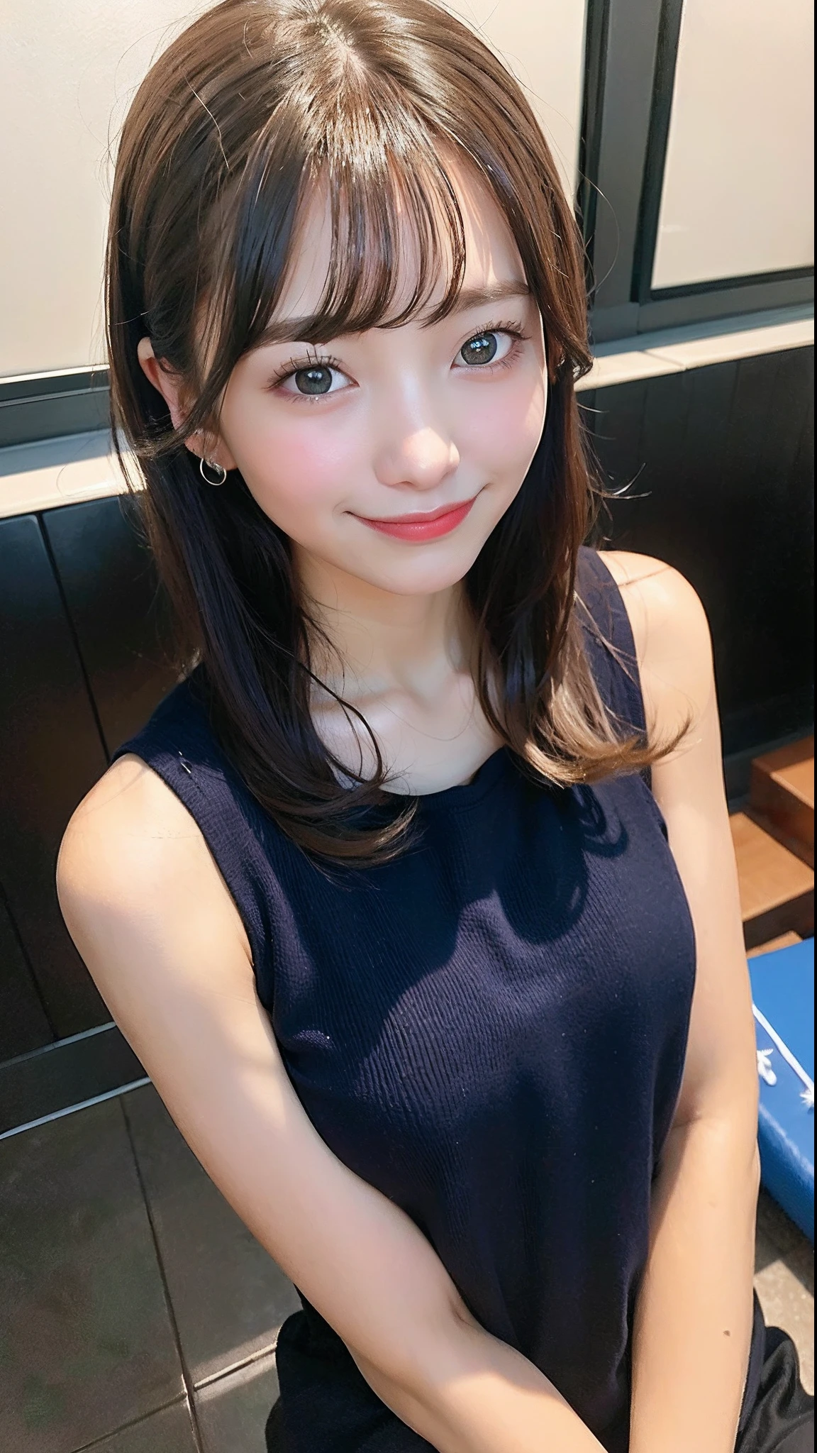 (top-quality、8K、32K、masuter piece、nffsw:1.2)、Cute Japan Girl、1人、bobhair、profile、(slim figure:1.2)、(s lips) 、(Black hair)、二重まぶた、shinny skin、Realistic rays、mare、beauitful face、(A smile:1.3)、crouching down、(From above:1.2)、(a closeup:1.4)、Tank tops、blurry backround、(Front Focus)、(Dark: 1.6)、Fantasy Art、photoRealstic、Professional Lighting、extra detailed face、Award-winning、deep-shadows、