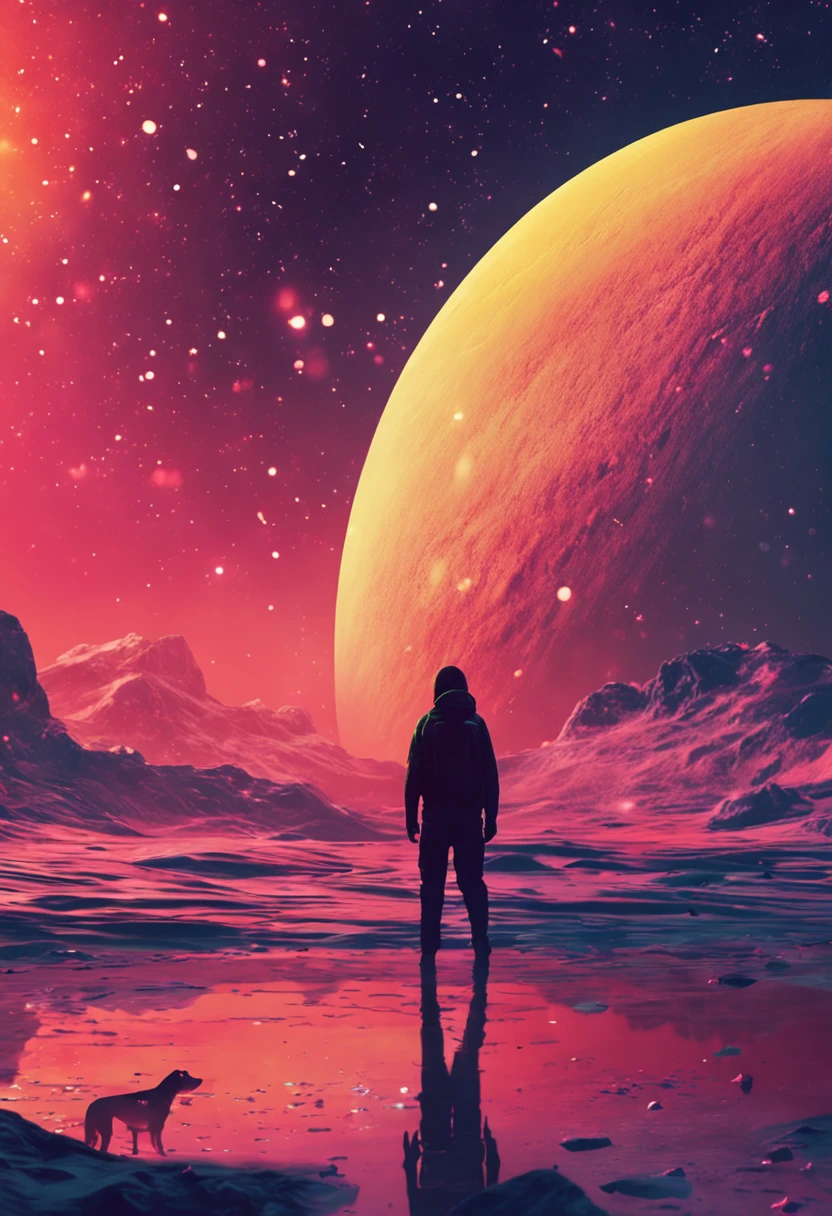 space, galaxy, alone boy and dog next him