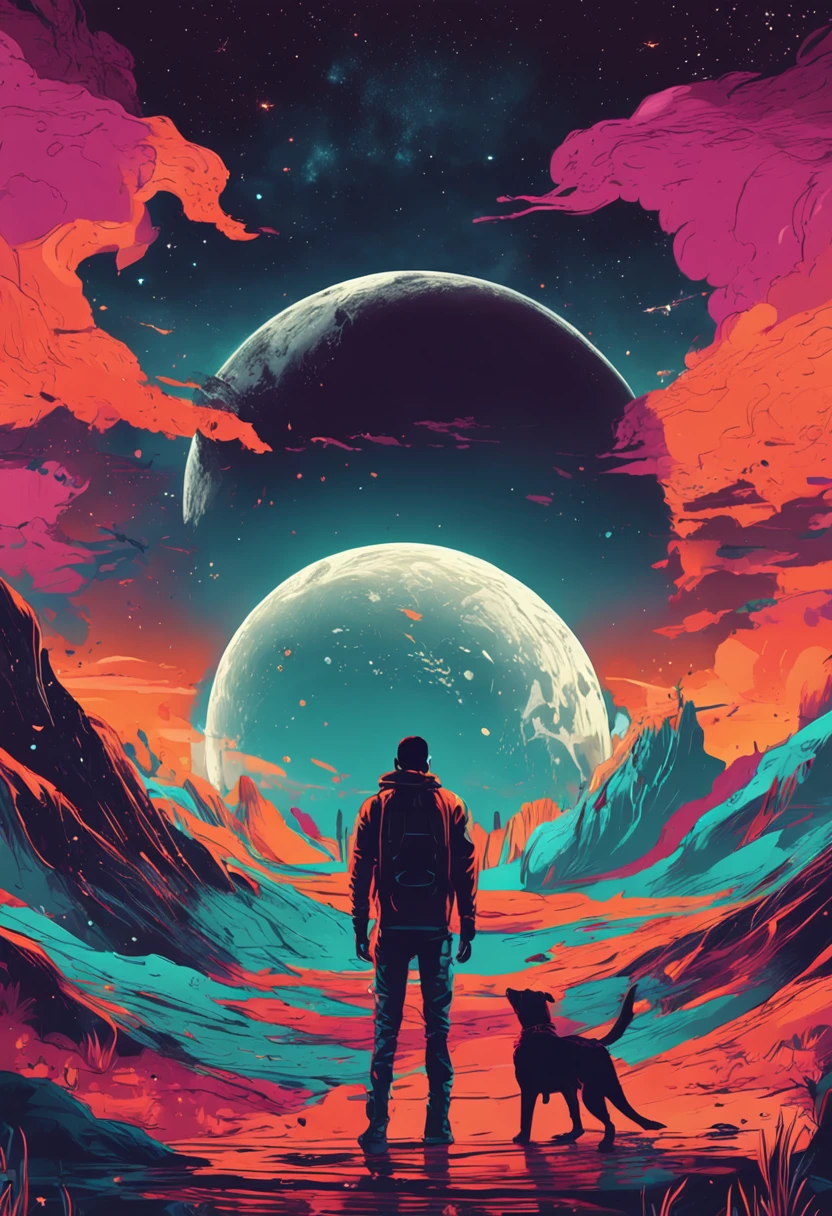 space, galaxy, alone boy and dog next him