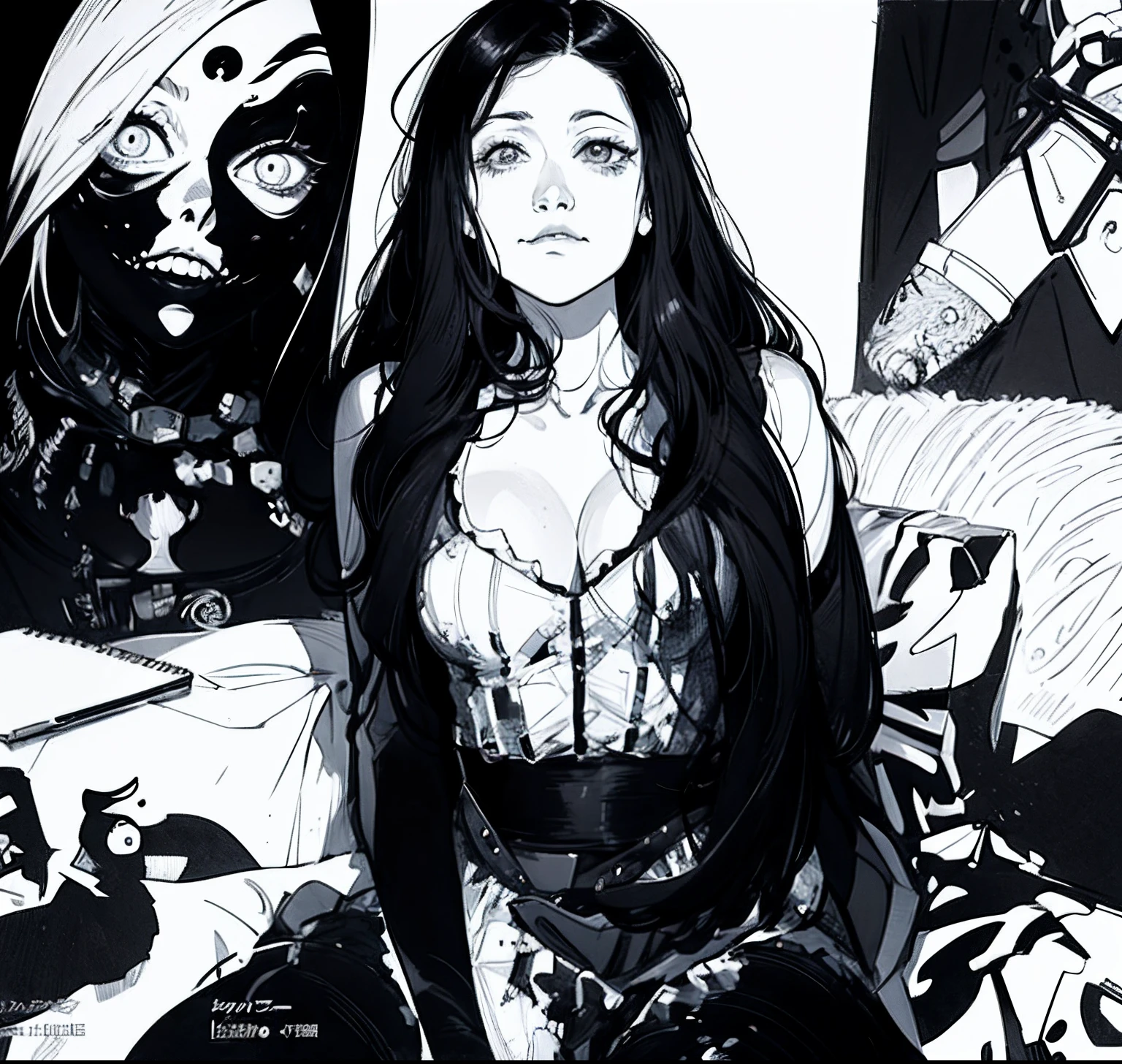Pelagea asmr with long black hair, sad, expressionless, chest shot, close-up of upper body, rough expressive lines, expressive lines, dark lines, dense lines, intense line work, masterpiece, best quality, super fine, extremely delicate and beautiful, horror manga, black and white manga, black and white line drawing, inspired by Junji Ito, art style of Junji Ito, hand-drawn, character focus, extremely fine, by Kim Jung gi