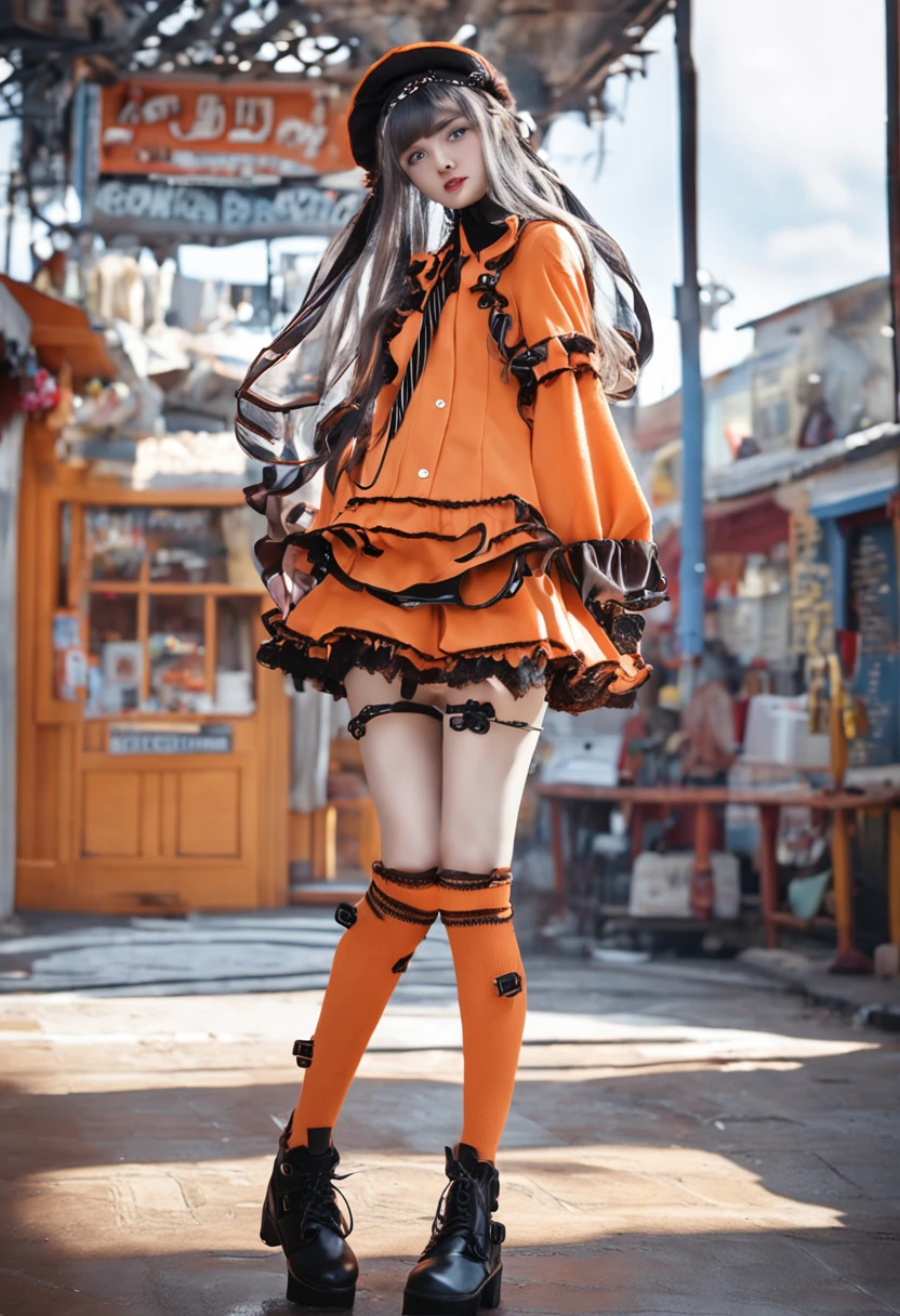 Orange Lolita gorgeous combat over-the-knee socks small leather shoes