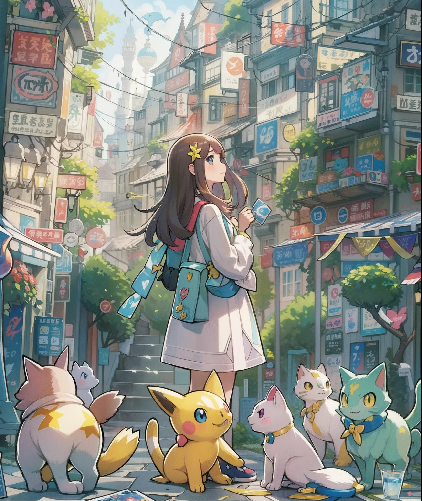 profile、1girl in,A pokémon_The card,(top-quality), (high_quality), (Convoluted_Details), (ultra-detailliert), (illustratio), (Distinct_image),saito_naoki,city scenery、Rainbow View、With cats((Cute cat1.5))