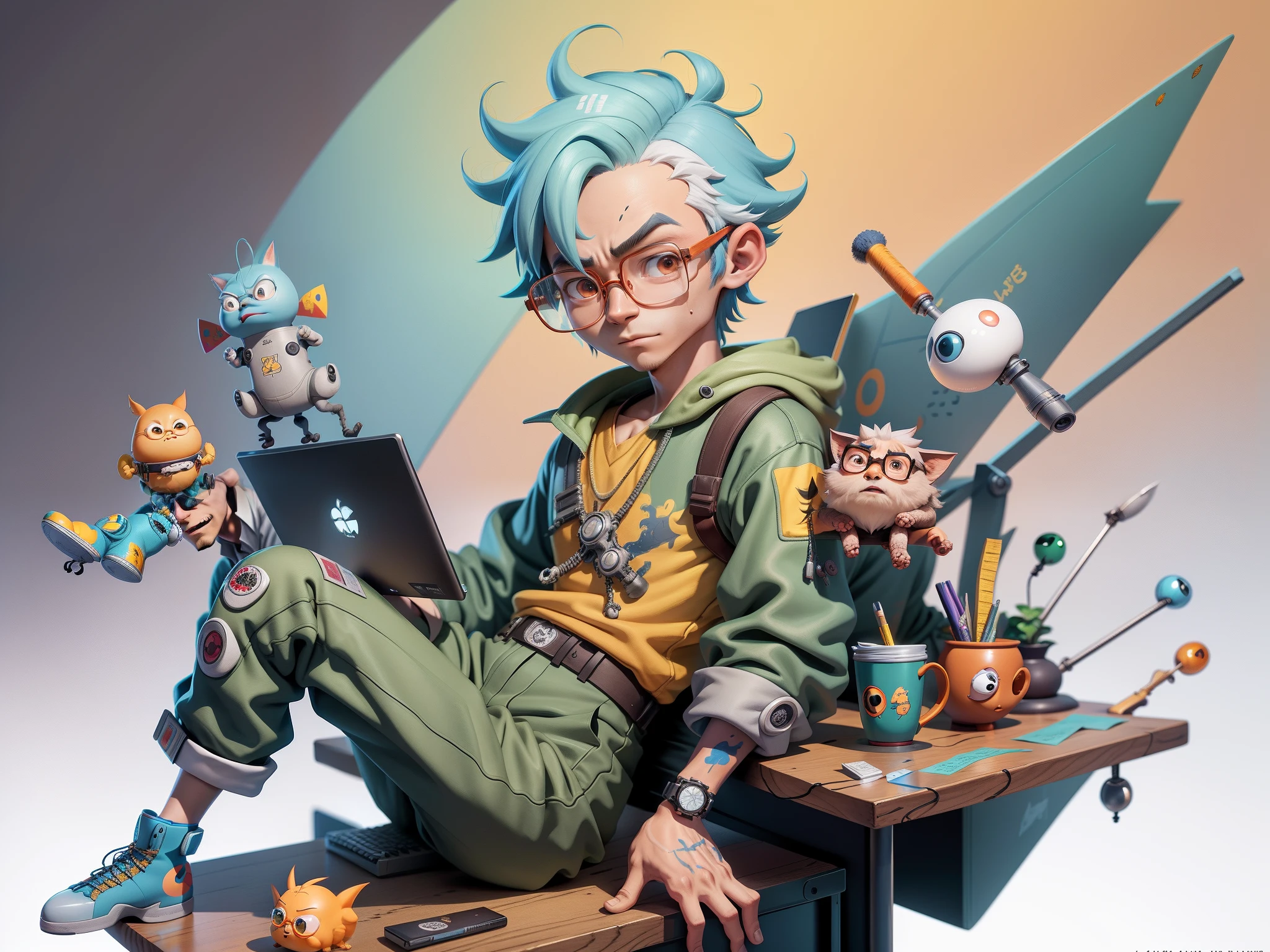 A young man with glasses sits at his desk,holding laptop,digitial painting,3D character design by Mark Clairen and Pixar and Hayao Miyazaki and Akira Toriyama,4K HD illustration,Very detailed facial features and cartoon-style visuals。