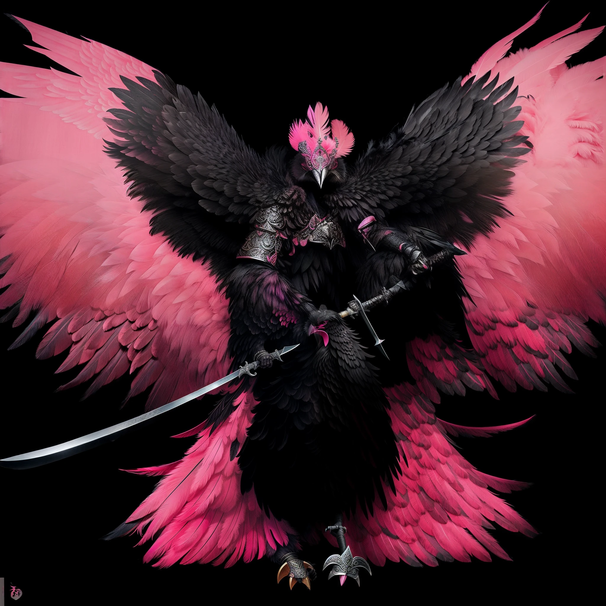 An imposing Tengu with pink and black feathers covering its body, except for the face and beak, which are black. Wielding a massive sword, its wings stand out in shades of black and pink, giving it a majestic and mysterious presence.
Realistic art, Dark Art, japanese renaissance art.