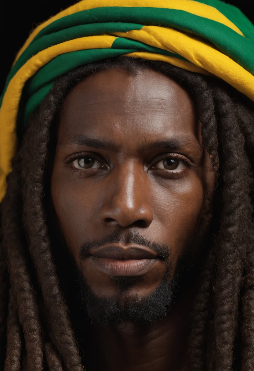 Create a logo with the head of a black man with dreadlocks in black colors, verde, amarelo e vermelho (olhando para a frente) , imagem estilo logomarca , Sober, (fundo preto), Image with resolution of at least 300dpi, UHD 8k, Very high quality for excellent printing. Lighting that highlights the figure in relation to the background, cores do reggae, Estilo da camada de disco