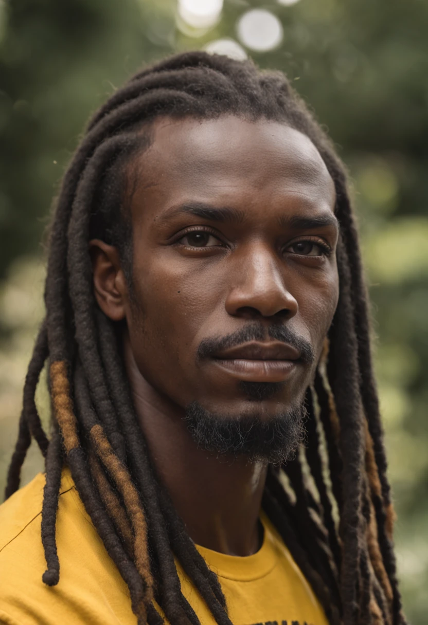 Create a logo with the head of a black man with dreadlocks in black colors, verde, amarelo e vermelho (olhando para a frente) , imagem estilo logomarca , Sober, (fundo preto), Image with resolution of at least 300dpi, UHD 8k, Very high quality for excellent printing. Lighting that highlights the figure in relation to the background, cores do reggae, Estilo da camada de disco