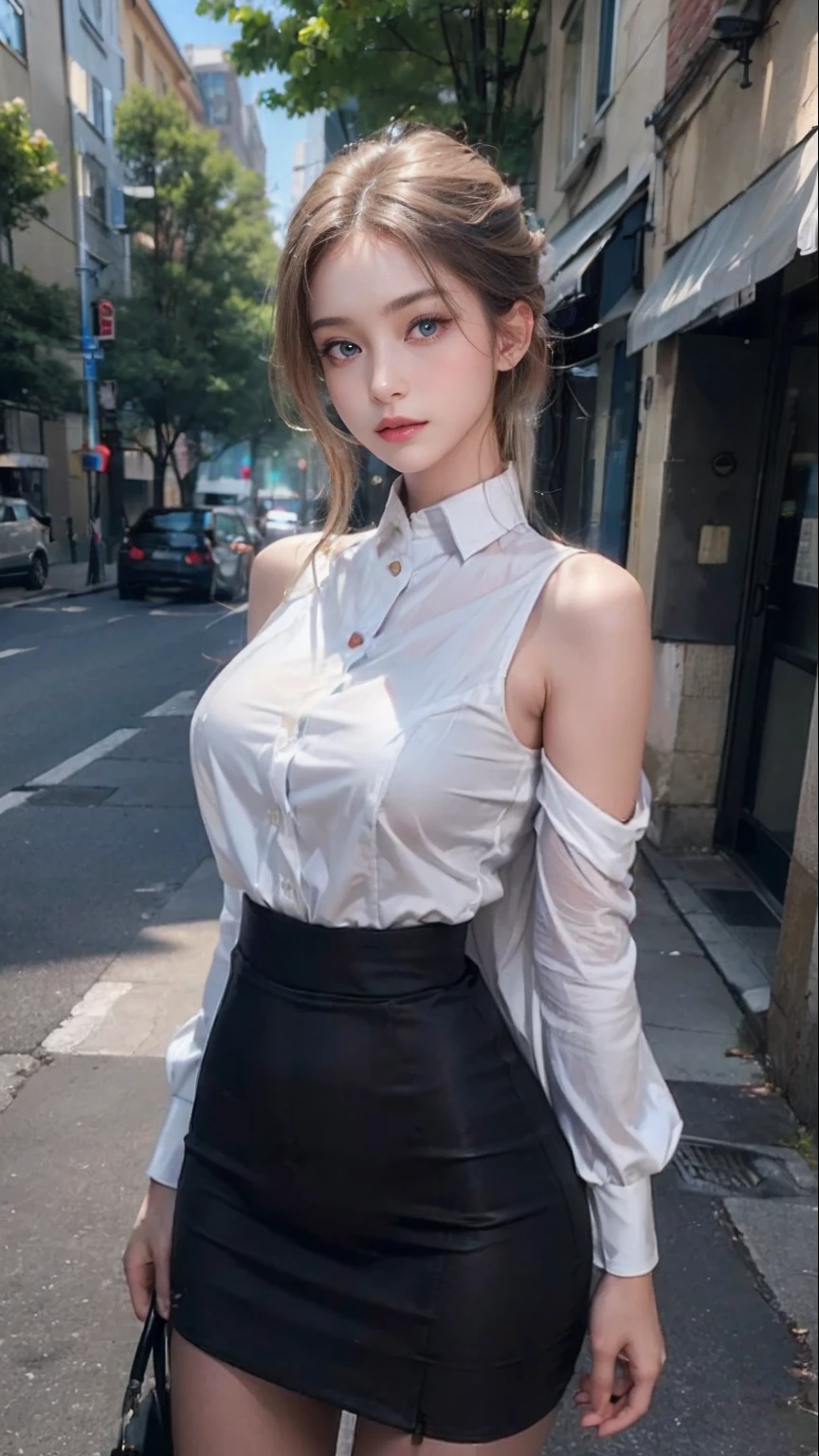 8K  UHD，RAW photo，On the street stood a beautiful woman in professional clothes，blonde with blue eyes，The face is delicate，Skin is delicate and smooth，Full breasts（middlebreast），vests，short  skirt，Skirt that wraps hips，Slender legs，stocklings，Tulle coat，Athletic stance，(Real Human:1.3)，(A high resolution:1.4)，(A detailed:1.5)，(photorealestic:1.7)，RAW photo，Portrait Photogram，Real Human，RAW photo，超A high resolution，Foto realism，best qualtiy，(highdetailskin，skin detailed)，Visible Pore，Shiny skin，tmasterpiece，finedetail，Colorization，Extremely Delicately Beautiful，Extremely detailed 8k wallpaper，8K high quality，Digital SLR，beautiful girl with beautiful details，(looking at viewert)，professional photograph lighting，Faraway view，in a panoramic view，Standing posture，Full body photo