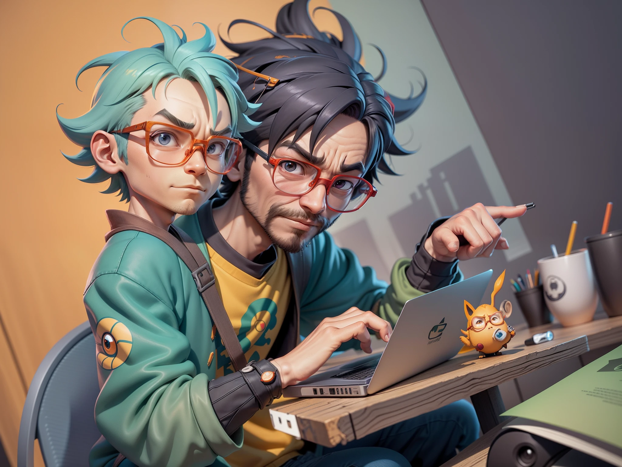 A young man with glasses sits at his desk,holding laptop,digitial painting,3D character design by Mark Clairen and Pixar and Hayao Miyazaki and Akira Toriyama,4K HD illustration,Very detailed facial features and cartoon-style visuals。