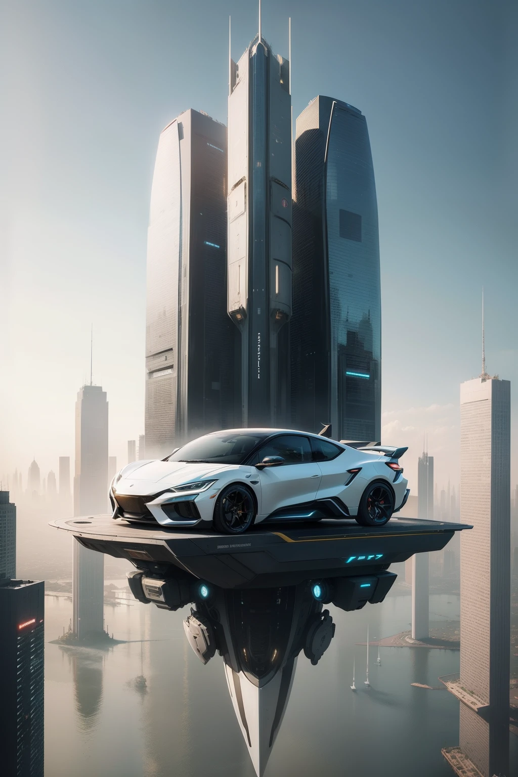 Near the future、Futuristic buildings、Floating vehicle to match the background、Full of hope、