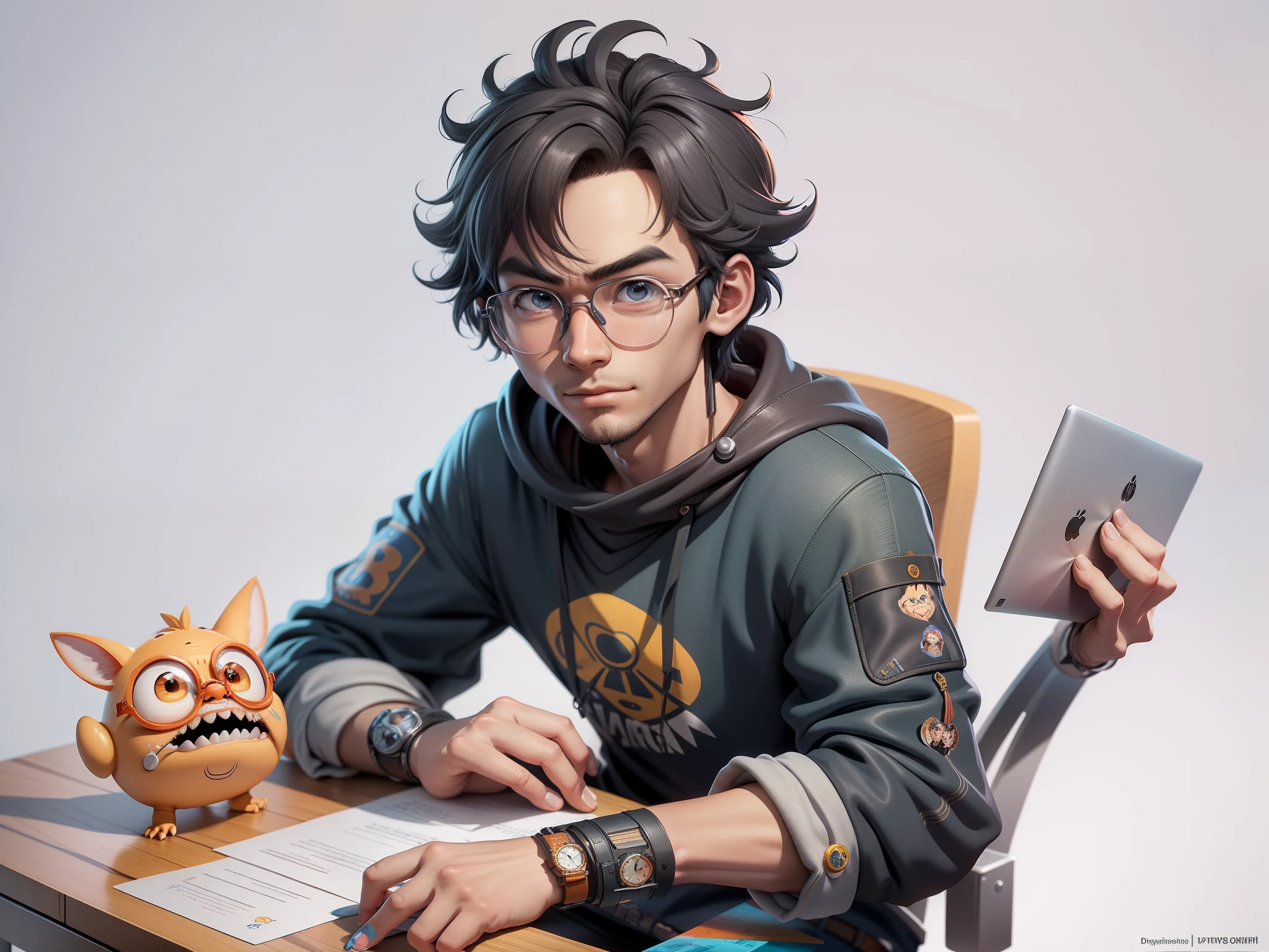 A young man with glasses sits at his desk,holding laptop,digitial painting,3D character design by Mark Clairen and Pixar and Hayao Miyazaki and Akira Toriyama,4K HD illustration,Very detailed facial features and cartoon-style visuals。