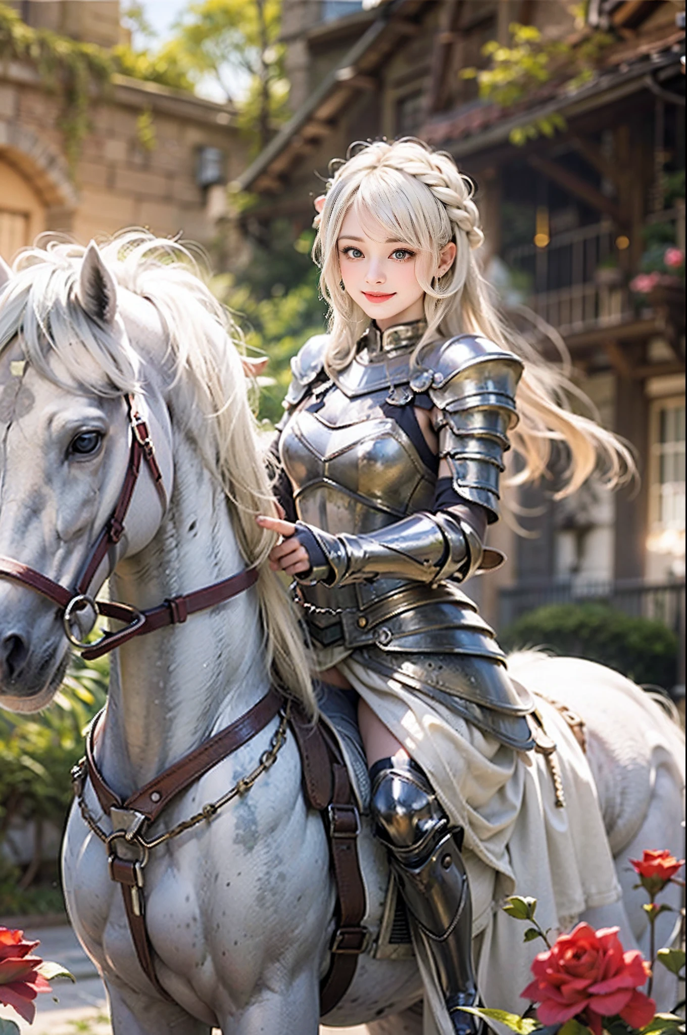 ((top-quality,masterpiece, Ultra-detailed)),ung Female Knight, 25-years old ,(ultra hi definition photo), (Professional Photography), grand background, masutepiece, Cinematic Light, Fantasy World,Beautiful, (Shiny blonde hair), Medium Hair, Braids, Wave hair, Shining eyes, Blue eyes,(Powerful smile:1.2), Fashionable silver half plate and dress armor, (rose garden), in isekai,Medieval Europe,(White horse:1.6), chies,covered with thorns, Lens Flare, Perfect Lighting,Perfect horse
