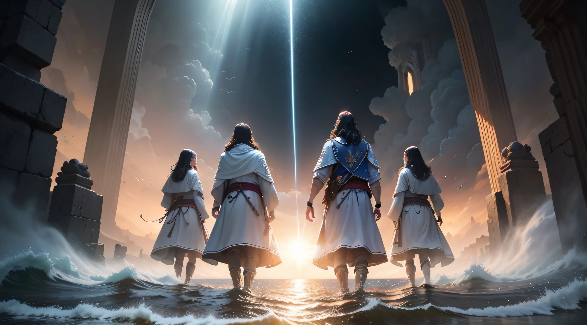 Na tempestade，Enter the last minute， Jesus walked on water，Muito delicado CG unidade 8k papel de parede，masterpiece-level quality，alta qualidade，Multi-detail presentation，Realistic graphics，Dynamic light and shadow effects，cor linda，Leadership in artistic creation，Design intrincado com formas simplificadas，dramatic atmosphere，The light of art on a legendary journey，Leading the trend of volumetric lighting。