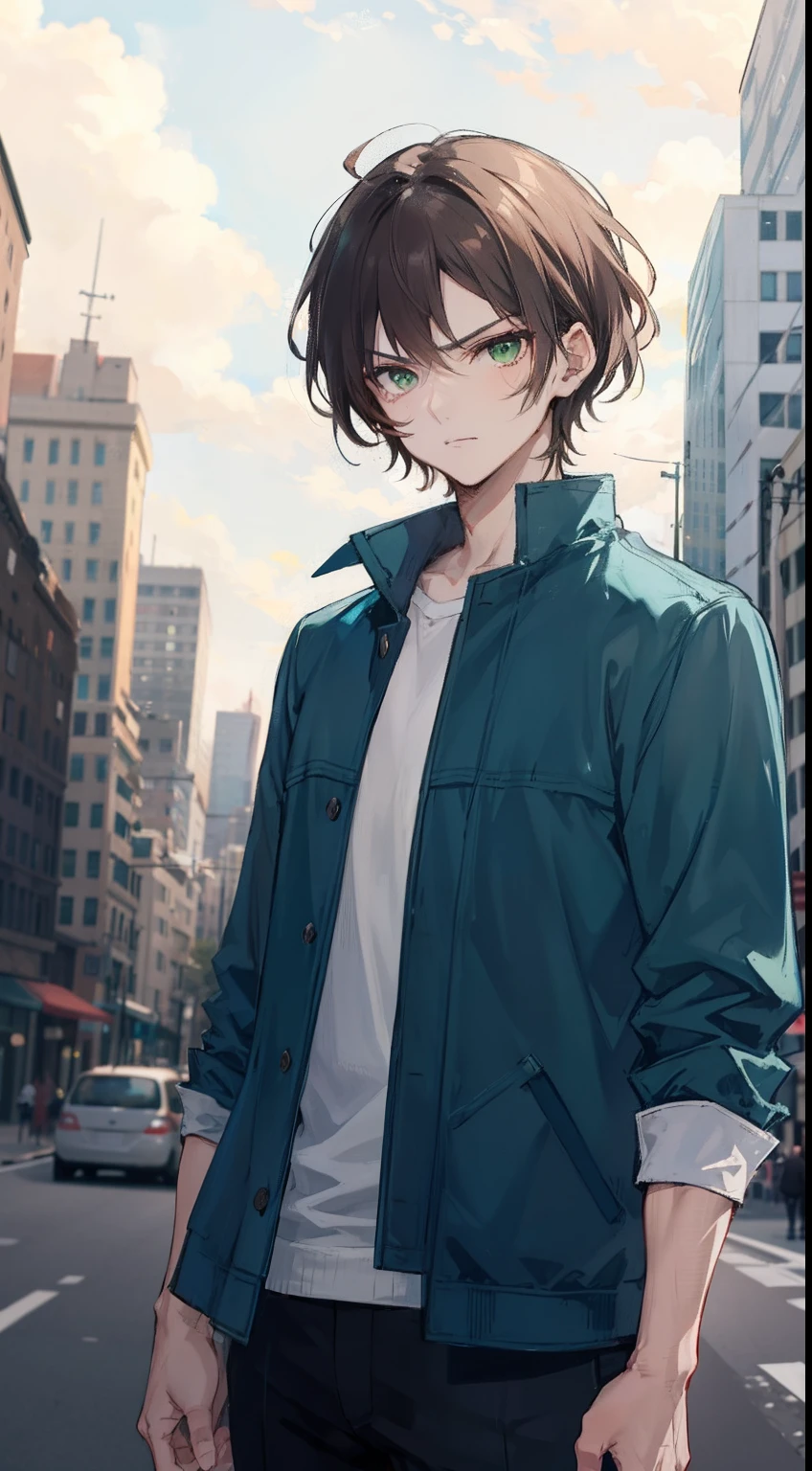 A man, brown hair and green eyes, sharp short hair, city, badass, mascular