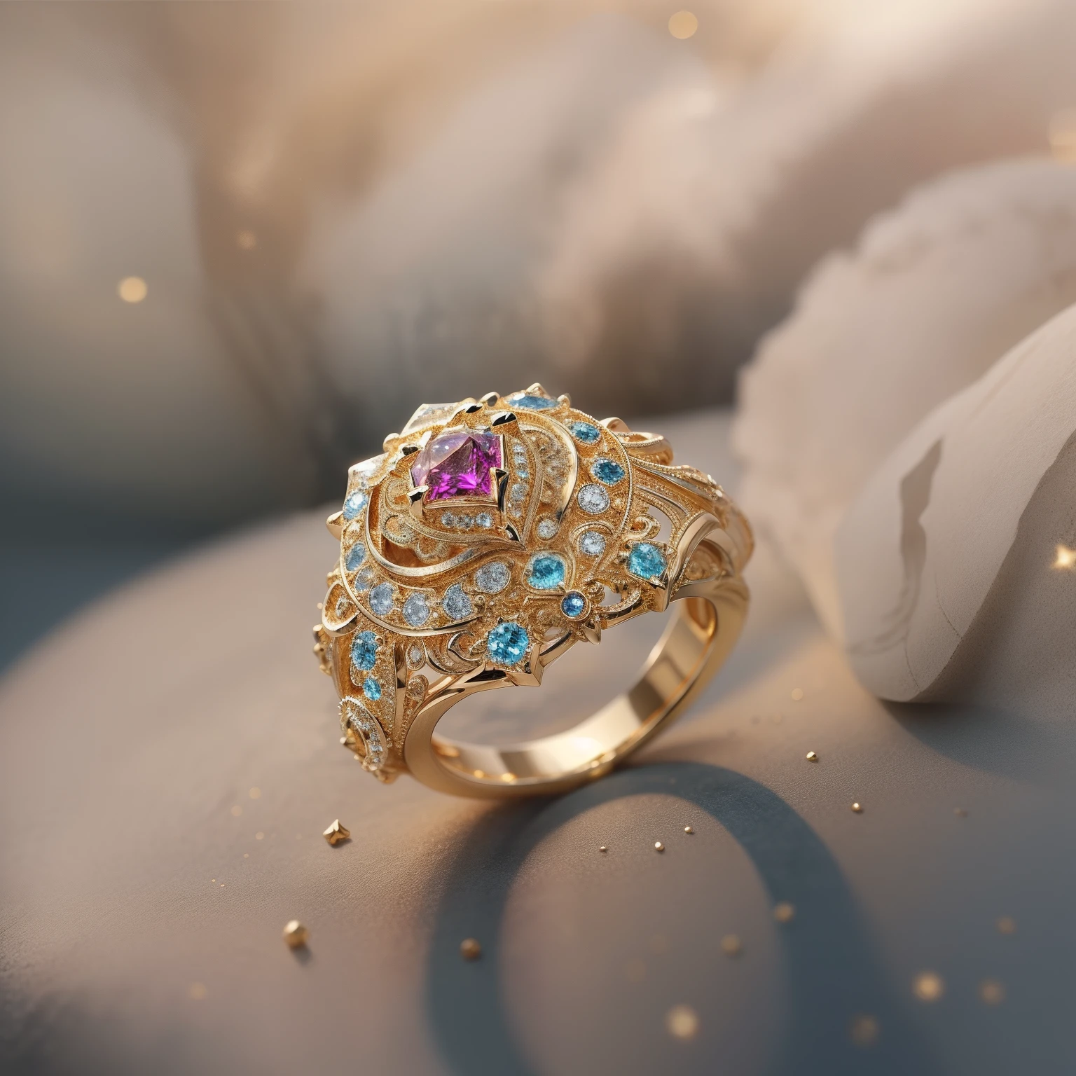 Masterpiece,highest quality,(Nothing but the ring),Beautiful ring, Ultra detailed,(No Man),Rose-shaped ring,starrysky,Wrapped around the end from beginning to end,Delicate gold ring,Starry sky in the ring,The sheen,inverted image,Sparkling gemstones,Elegant and noble,Background of glaciers