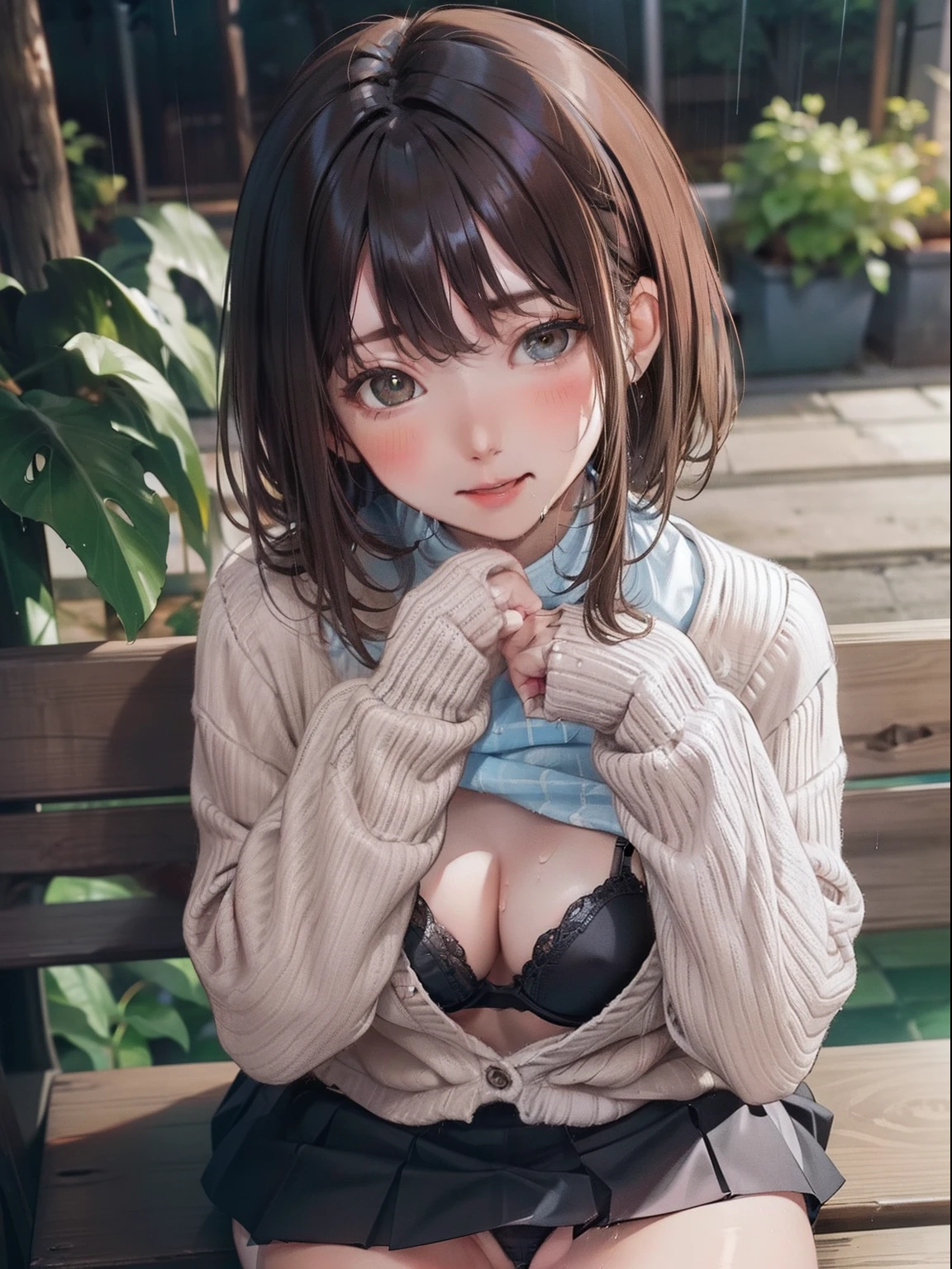 (masterpiece), (best quality), (ultra detailed), 1girl, sexy pose, blush, ((open casual cardigan:1.2)), happy, looking at viewer, large hair, brown hair, in the night park with trees,bench, shy ,sitting on ground, ((solo)) ,worry, blush, naughty,from below,slim body,(shiny skin, wet skin:0.8), sweating, rainy,side, from front, from above,long wet hear, ((show off panties)), ((show off bra)), ((skirt)),