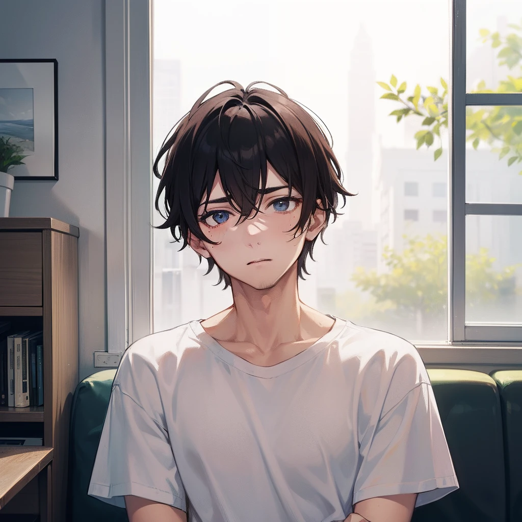 (Man in a white T-shirt 1.4)
(Facial pain 1.5)
(Sit in the corner of ward 1.4)
(Open your eyes 1.3)
(Show upper body 1.4)