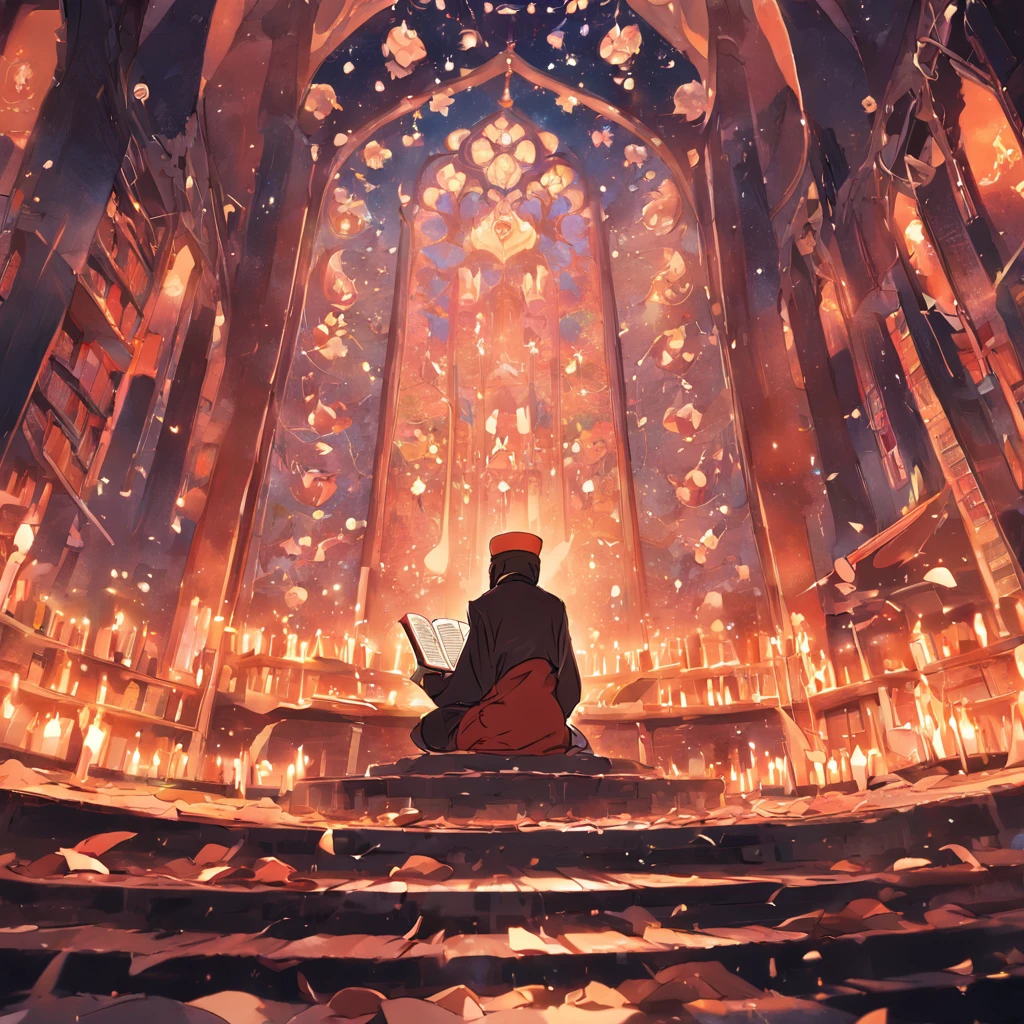 A Muslim scholar in a library reading books