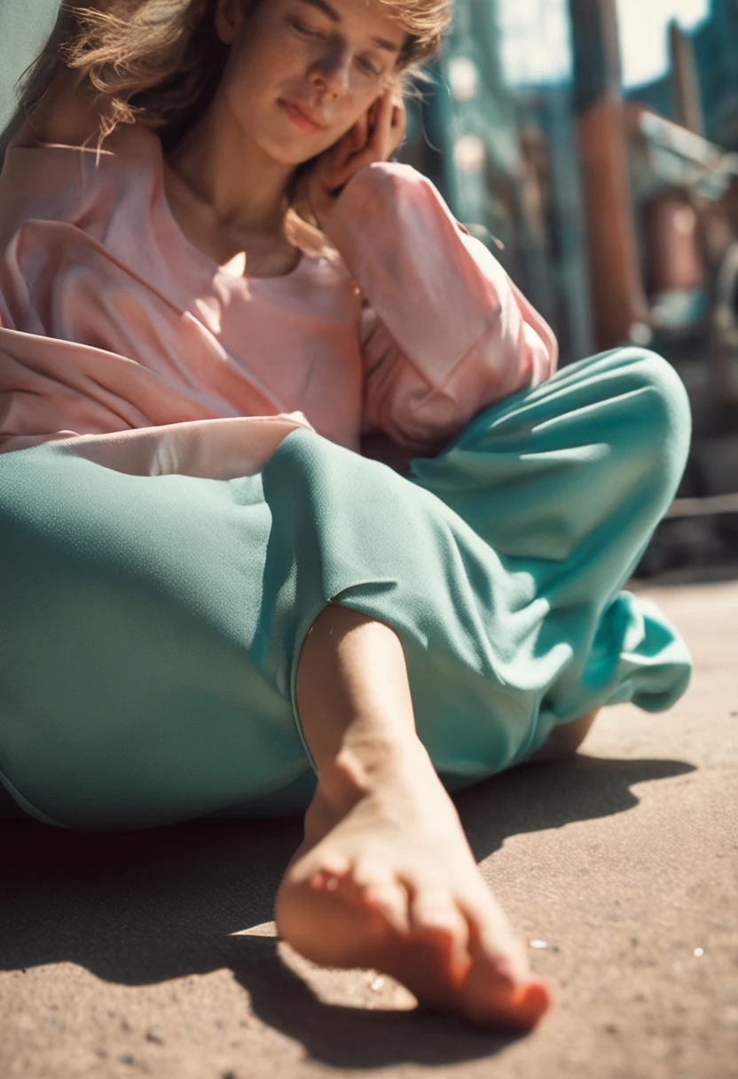 Young woman's feet, Mini skirt, Barely visible angle, sandal, skinny legs、beautiful foot,Clean fingertips、Nail