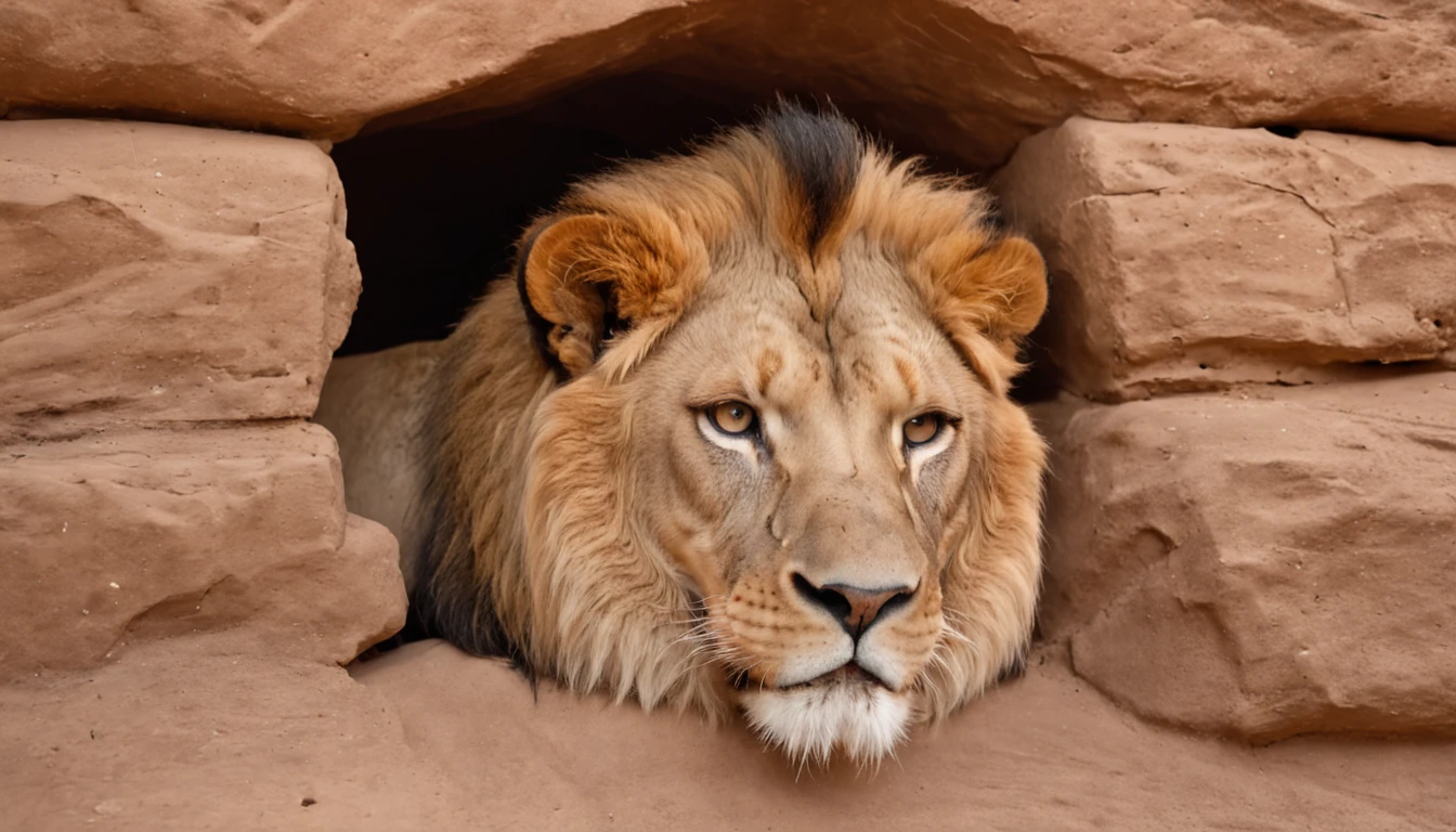 Man in a cave with a lion lying next to him, historia de fundo: Daniel in the Lion's Den, Biblical Theme, Bible, STORIES