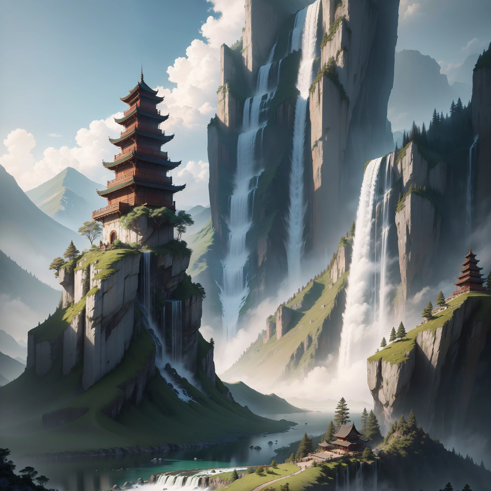 Draw waterfalls in the mountains，There is a house at the top，vertical wallpaper，4K vertical wallpaper，4k vertical wallpaper，8 K vertical wallpaper，8k vertical wallpaper，Ross Tran。scenery background，beautiful mattepainting，4 K matte painting，Detailed scenery - width 672，Chinese style Antique