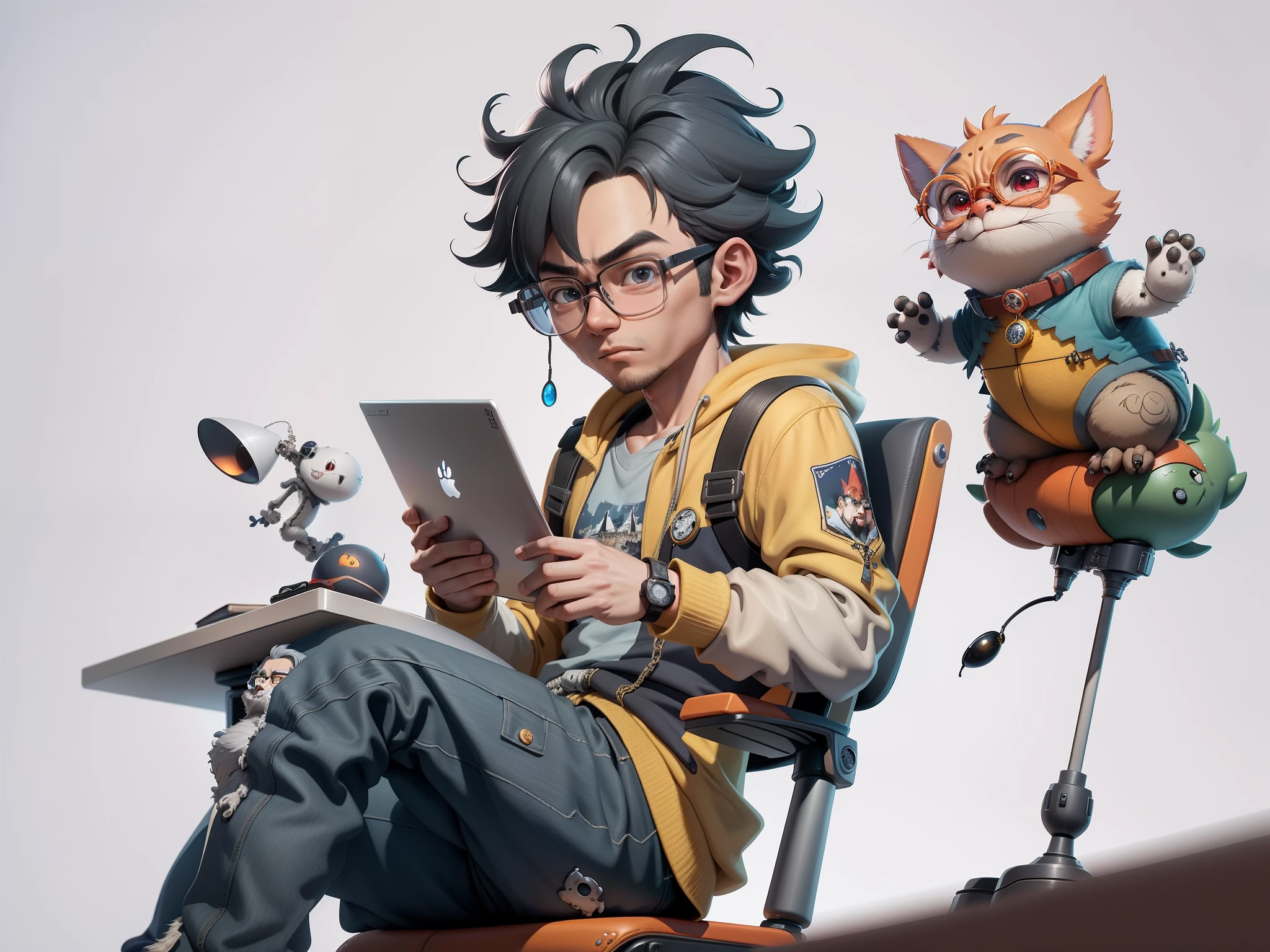 A young man with glasses sits at his desk，holding laptop，digitial painting，3D character design by Mark Clairen and Pixar and Hayao Miyazaki and Akira Toriyama，4K HD illustration，Very detailed facial features and cartoon-style visuals。